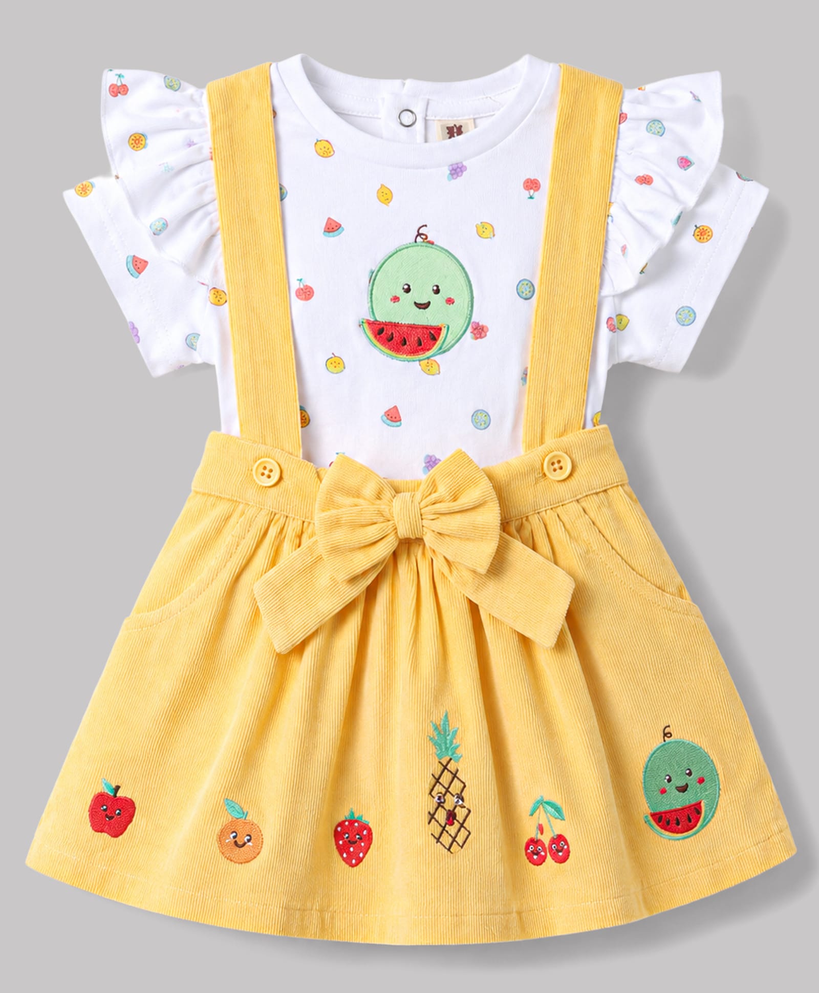 ToffyHouse Cotton Knit Half Sleeves Top & Skirt Set With Fruit Print & Embroidery - White & Yellow-image-31