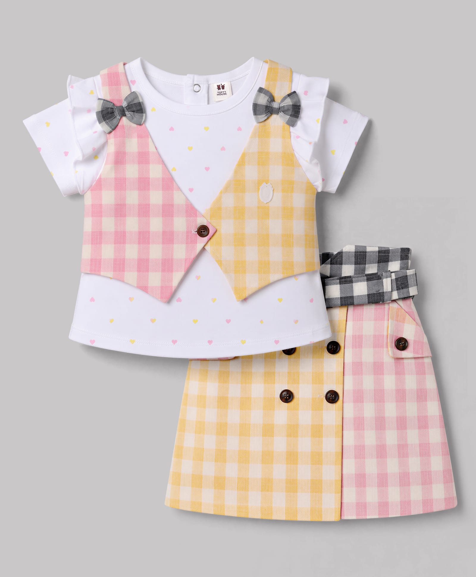 ToffyHouse Cotton Knit Half Sleeves Heart Printed Top & Checks Skirt With Jacket - Multicolor-picture-37