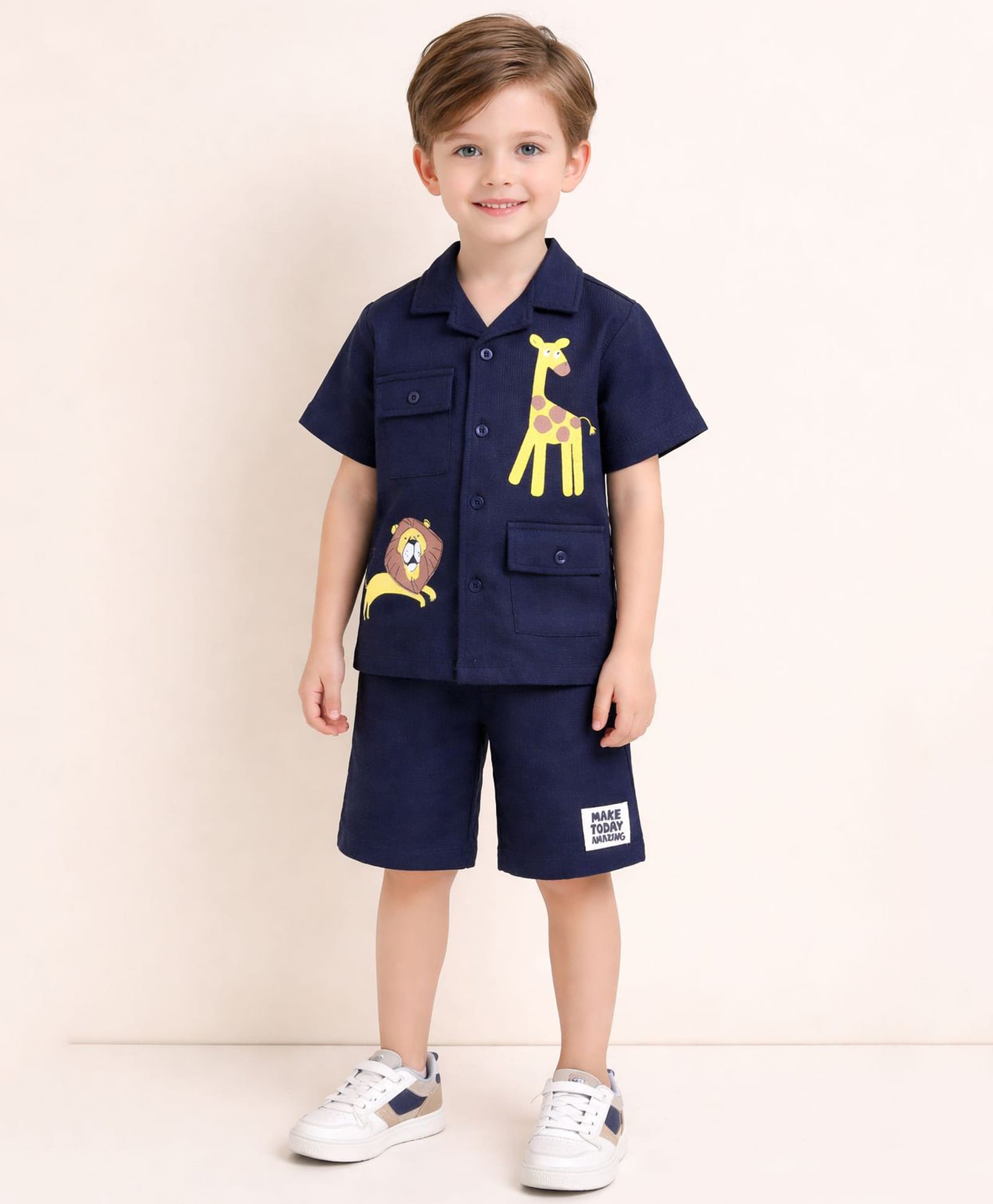 Little Marine Cotton Blend Knit Half Sleeves Lion & Giraffe Printed Shirt & Shorts Set - Navy Blue-picture-20