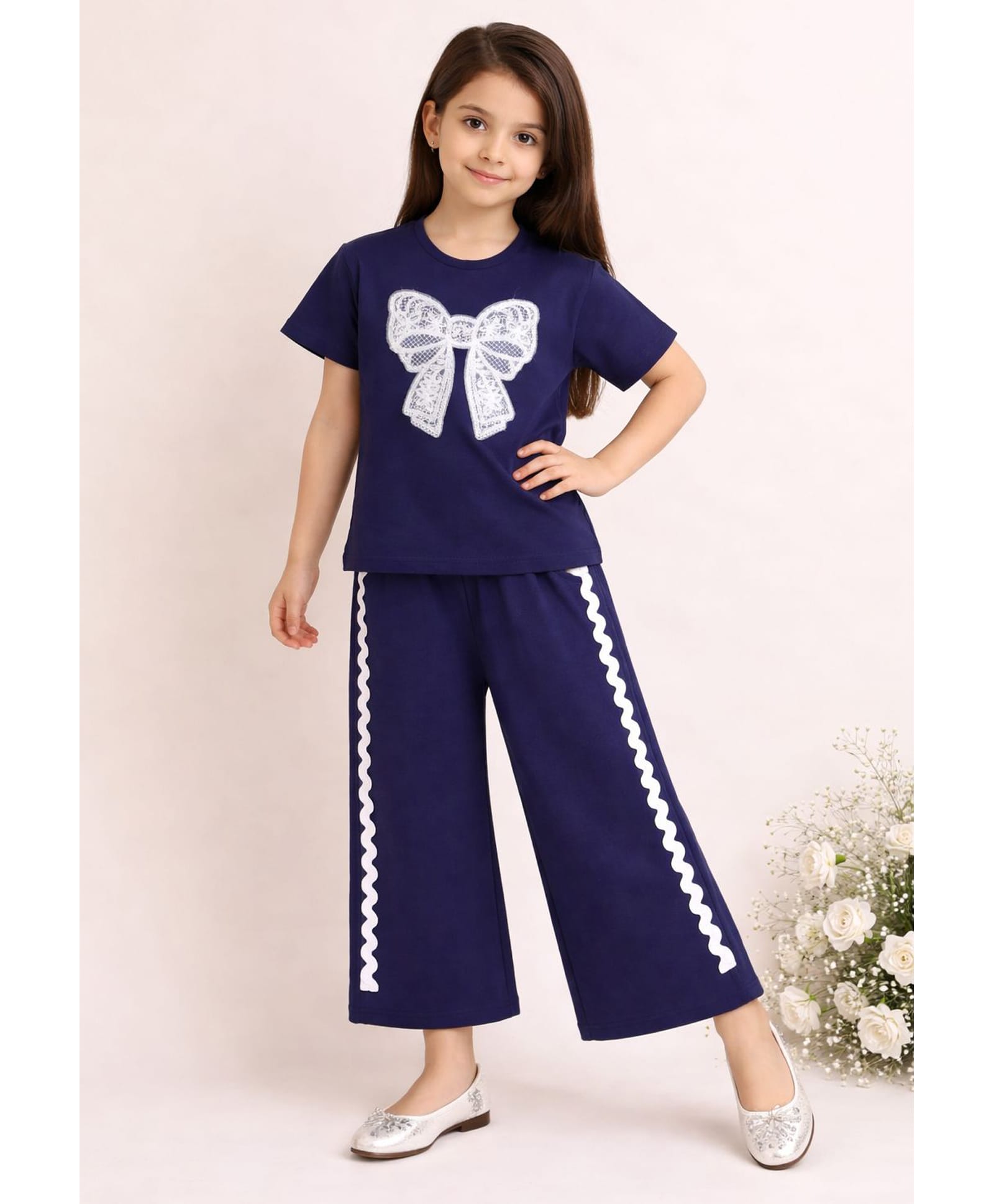 Little Marine Cotton Blend Knit Half Sleeves Bow Applique Detailed Top & Palazzo - Navy Blue-picture-17