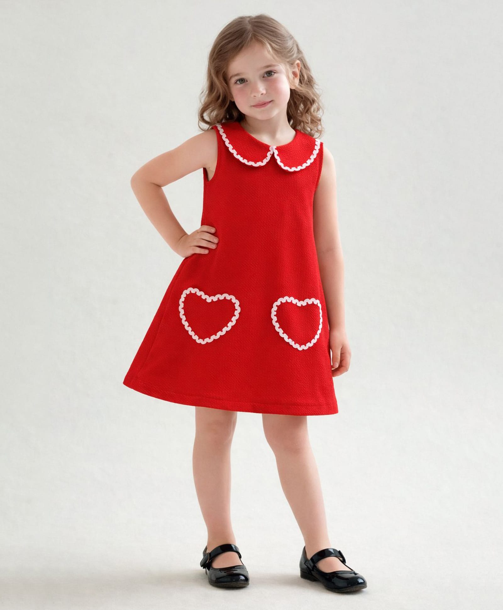 Little Marine Cotton Blend Woven Sleeveless Heart Embroidered Textured Dress - Red-picture-46