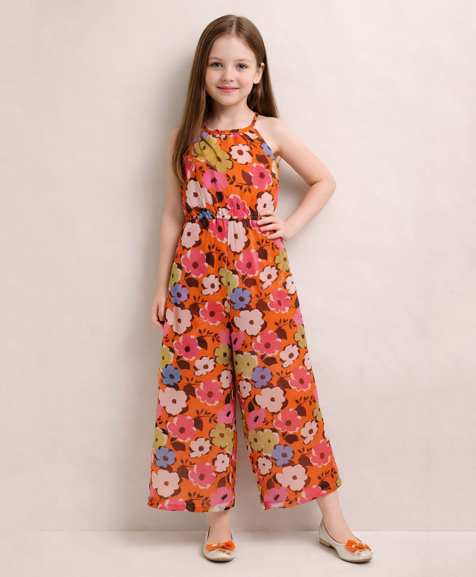 Little Marine Woven Sleeveless Floral Printed Jumpsuit - Orange-image-34