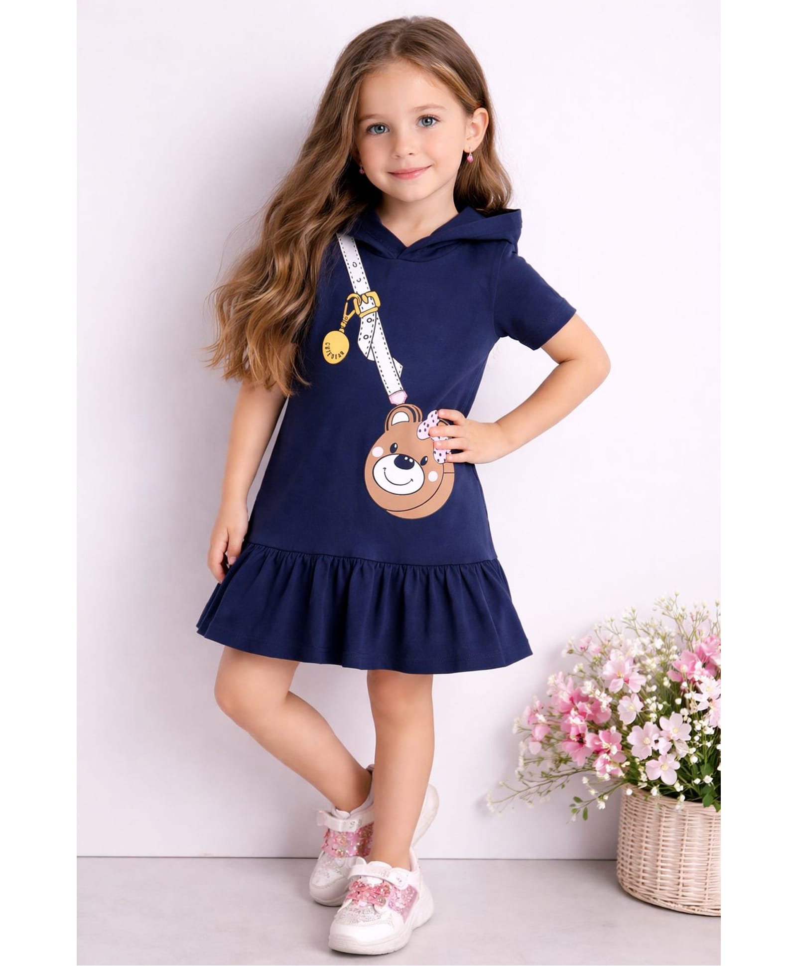 Little Marine Cotton Blend Knit Half Sleeves Sling Bag Printed Hooded Dress - Navy Blue-picture-21