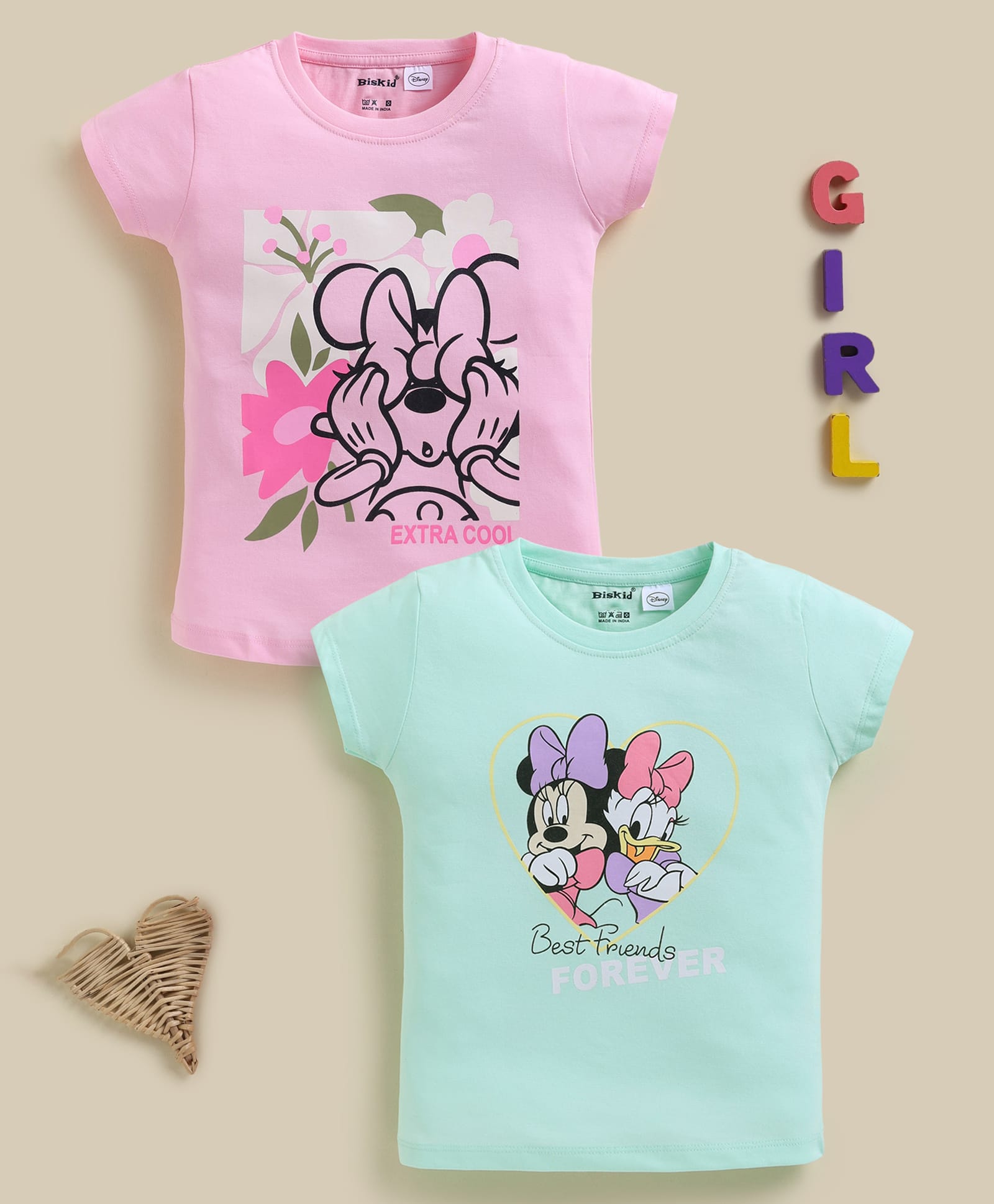 Biskid Sinker Knit Pack Of 2 Half Sleeves Placement Printed Tops - Green & Pink-picture-23