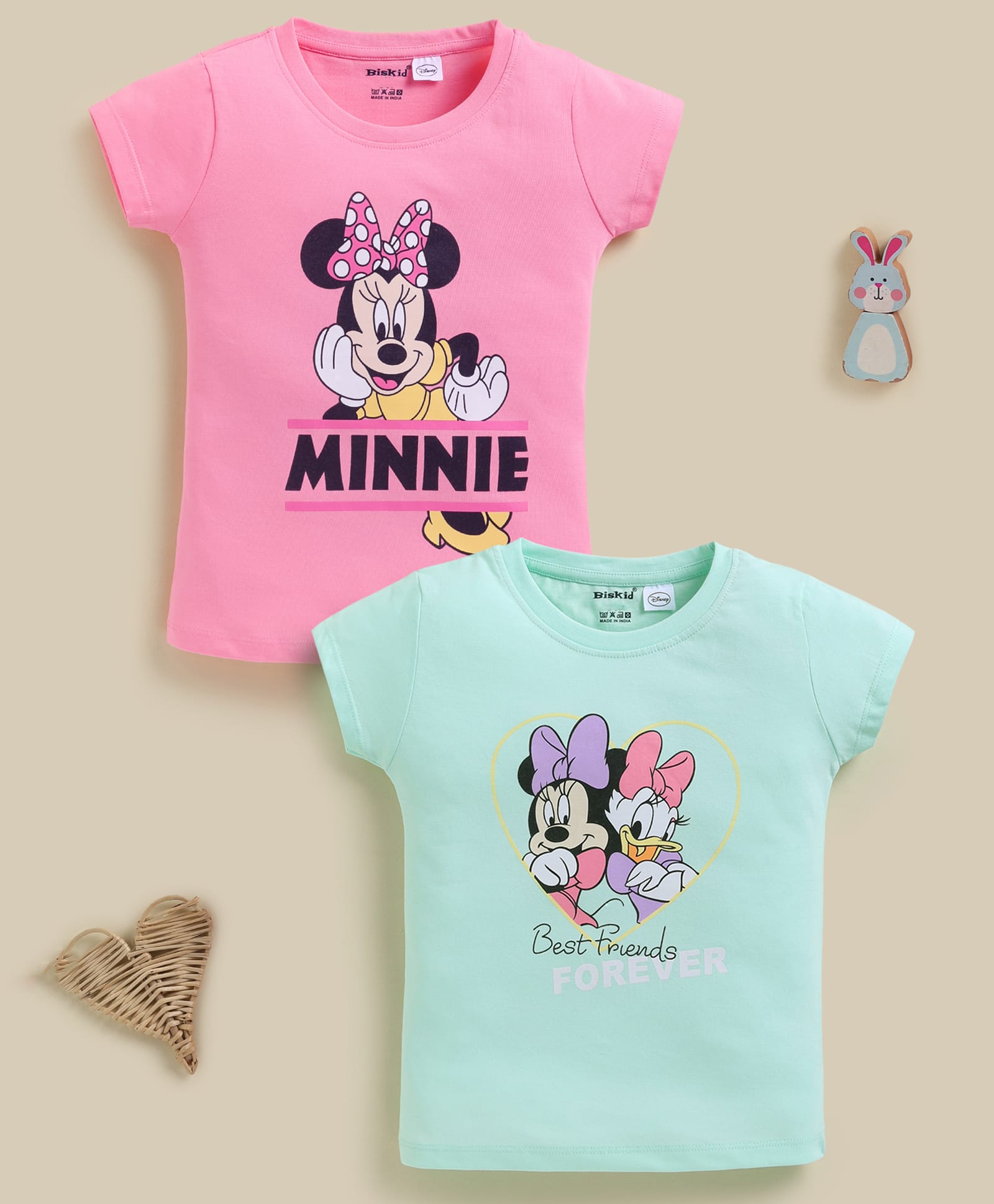 Biskid Sinker Knit Pack Of 2 Disney Mickey Mouse & Friends Featuring Half Sleeves Minnie Mouse & Daisy Printed Tops - Peach & Green-picture-12
