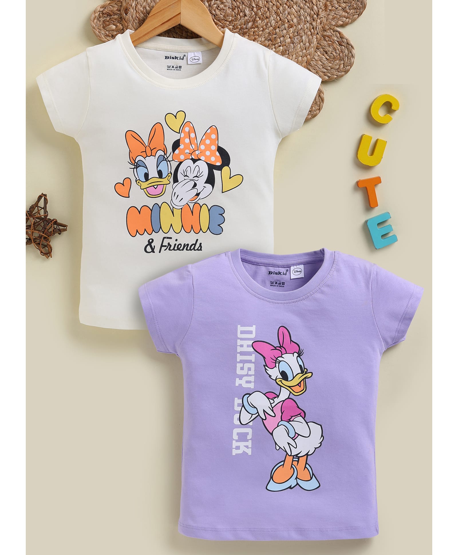 BISKID Sinker Knit Pack Of 2 Disney Mickey Mouse & Friends Featuring Half Sleeves Minnie Mouse & Daisy Printed Tops - Purple & Cream-picture-11