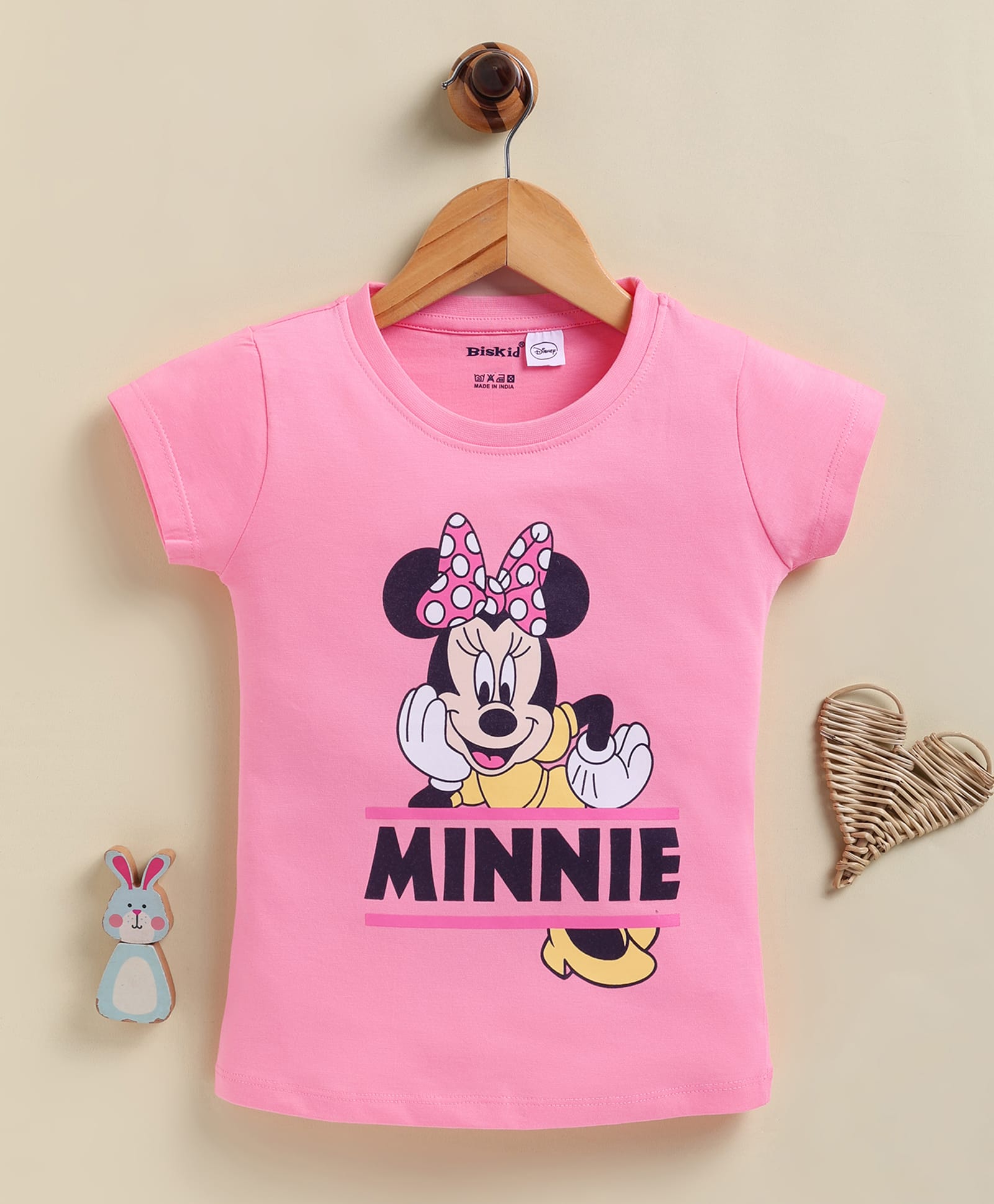 Biskid Sinker Knit Disney Mickey Mouse & Friends Featuring Half Sleeves Minnie Mouse Printed Top - Pink-picture-4