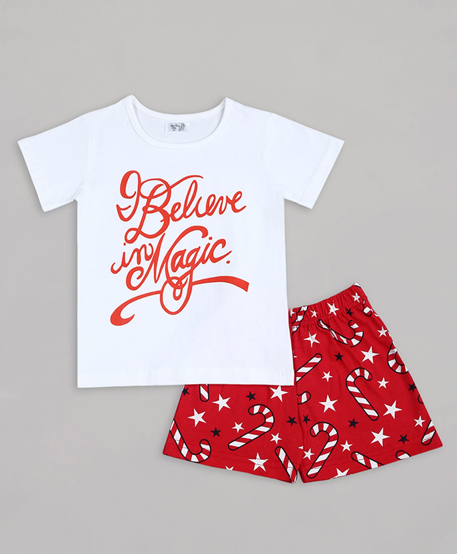 Sheer Love Cotton Jersey Knit Half Sleeves I Believe In Magic Text Printed Tee & Shorts Night Suit - White-image-0