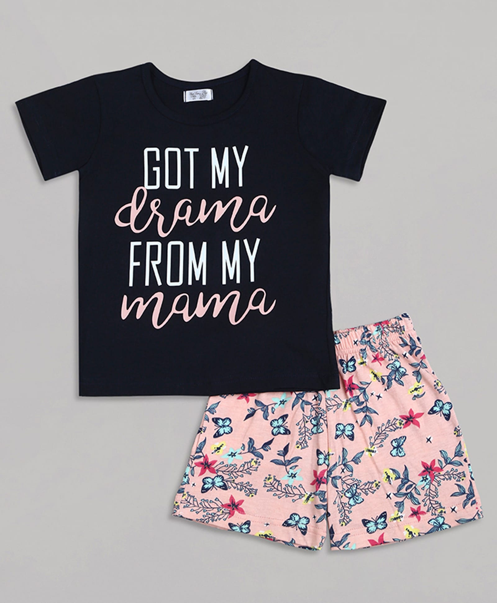 Sheer Love Cotton Jersey Knit Half Sleeves Got My Drama From My Mama Text Printed Tee & Shorts Night Suit - Navy-image-11