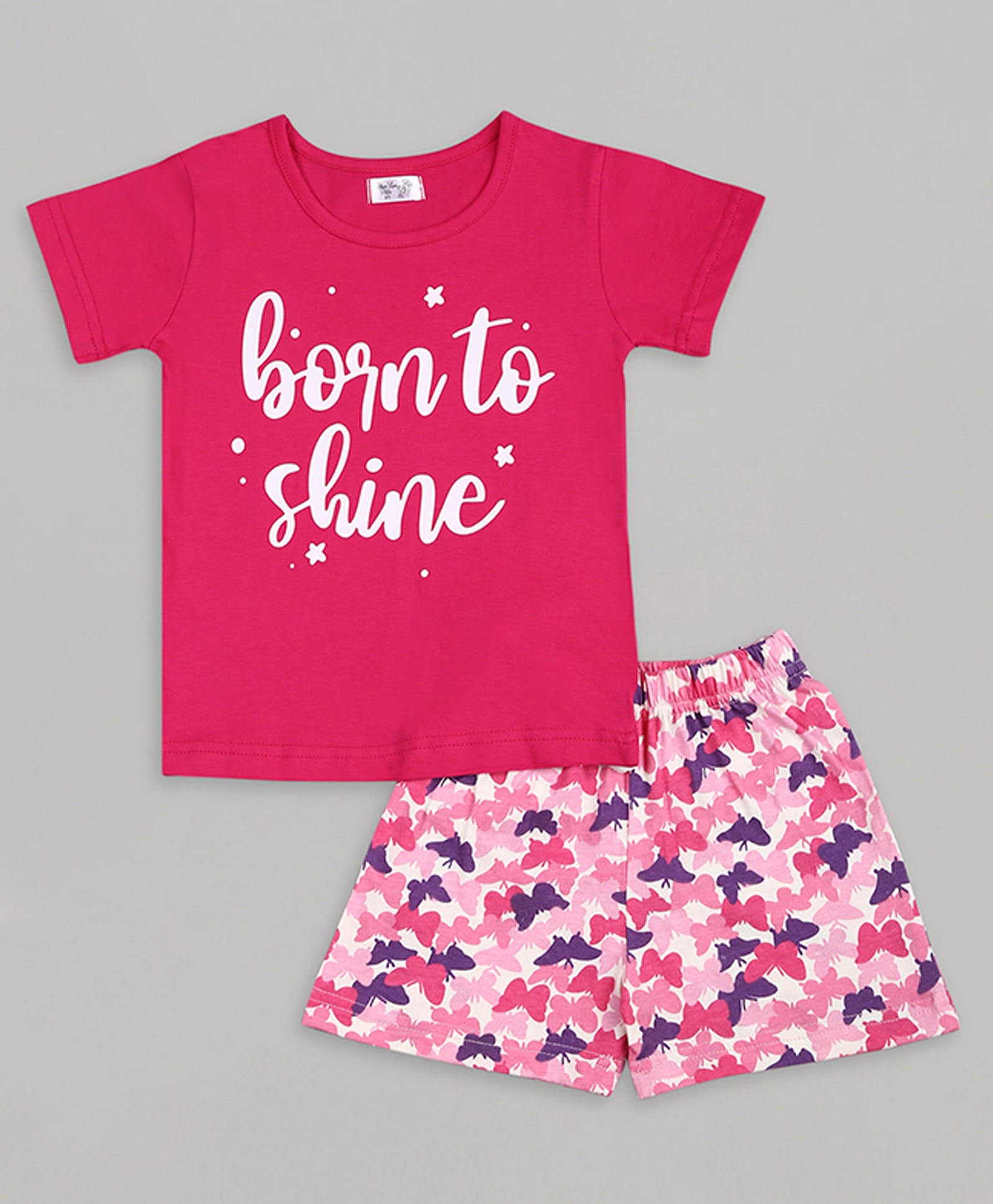 Sheer Love Cotton Jersey Knit Half Sleeves Born To Shine Text Printed Tee & Shorts Night Suit - Fuchsia-image-32