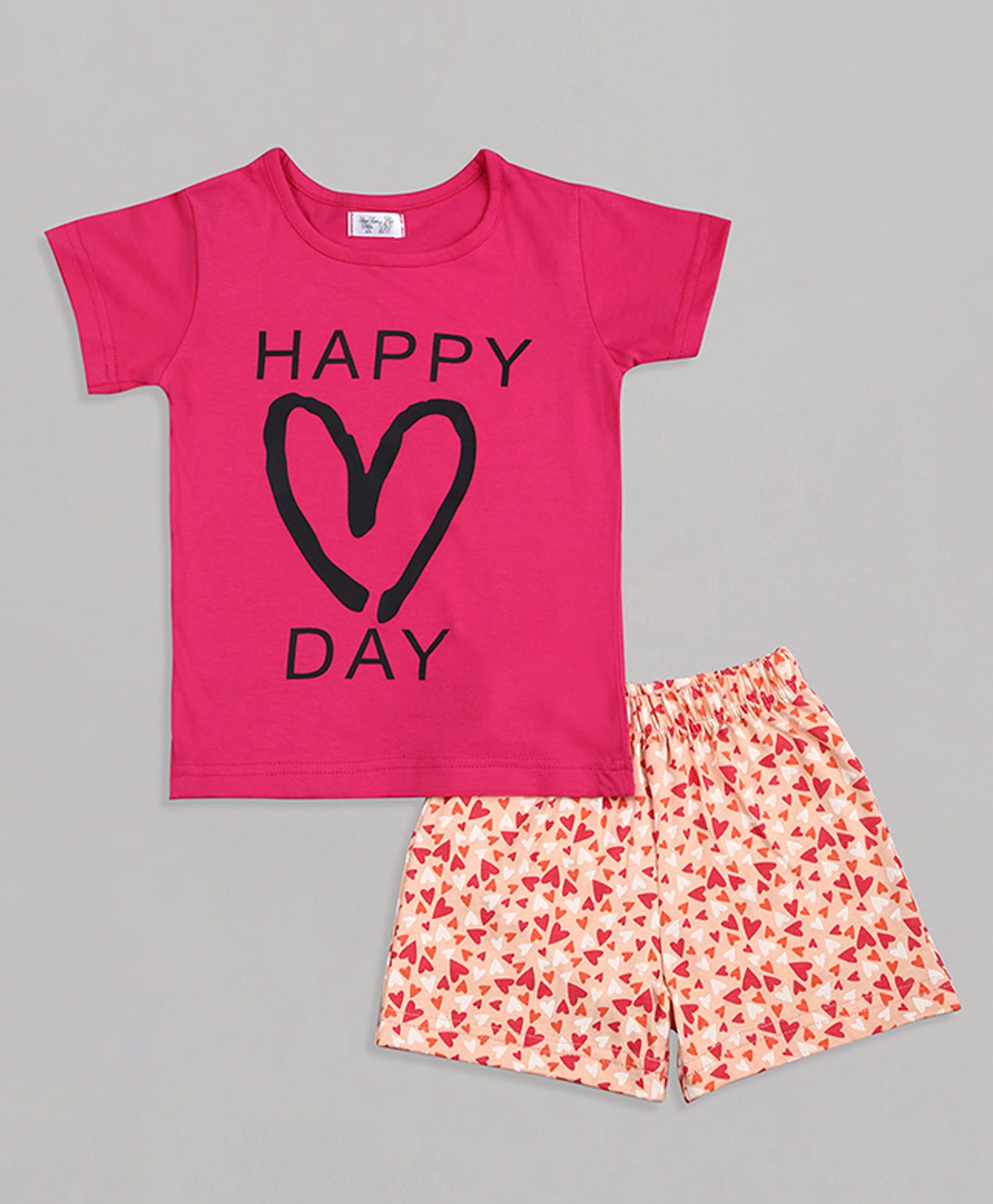 Sheer Love Cotton Jersey Knit Half Sleeves Heart & Happy Day Text Printed Tee & Shorts Night Suit - Fuchsia-image-44