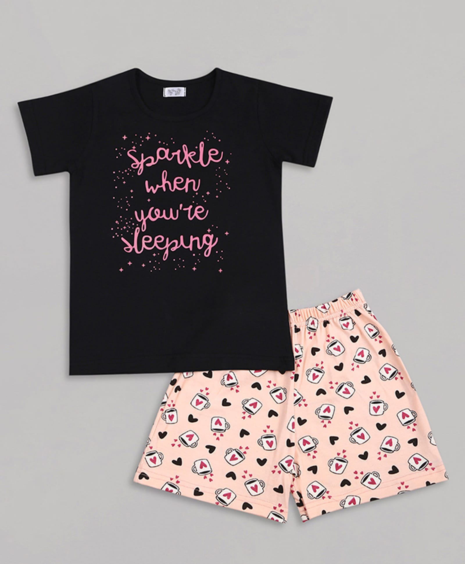 Sheer Love Cotton Jersey Knit Half Sleeves Sparkle When You Are Sleeping Text Printed Tee & Shorts Night Suit - Black-image-7