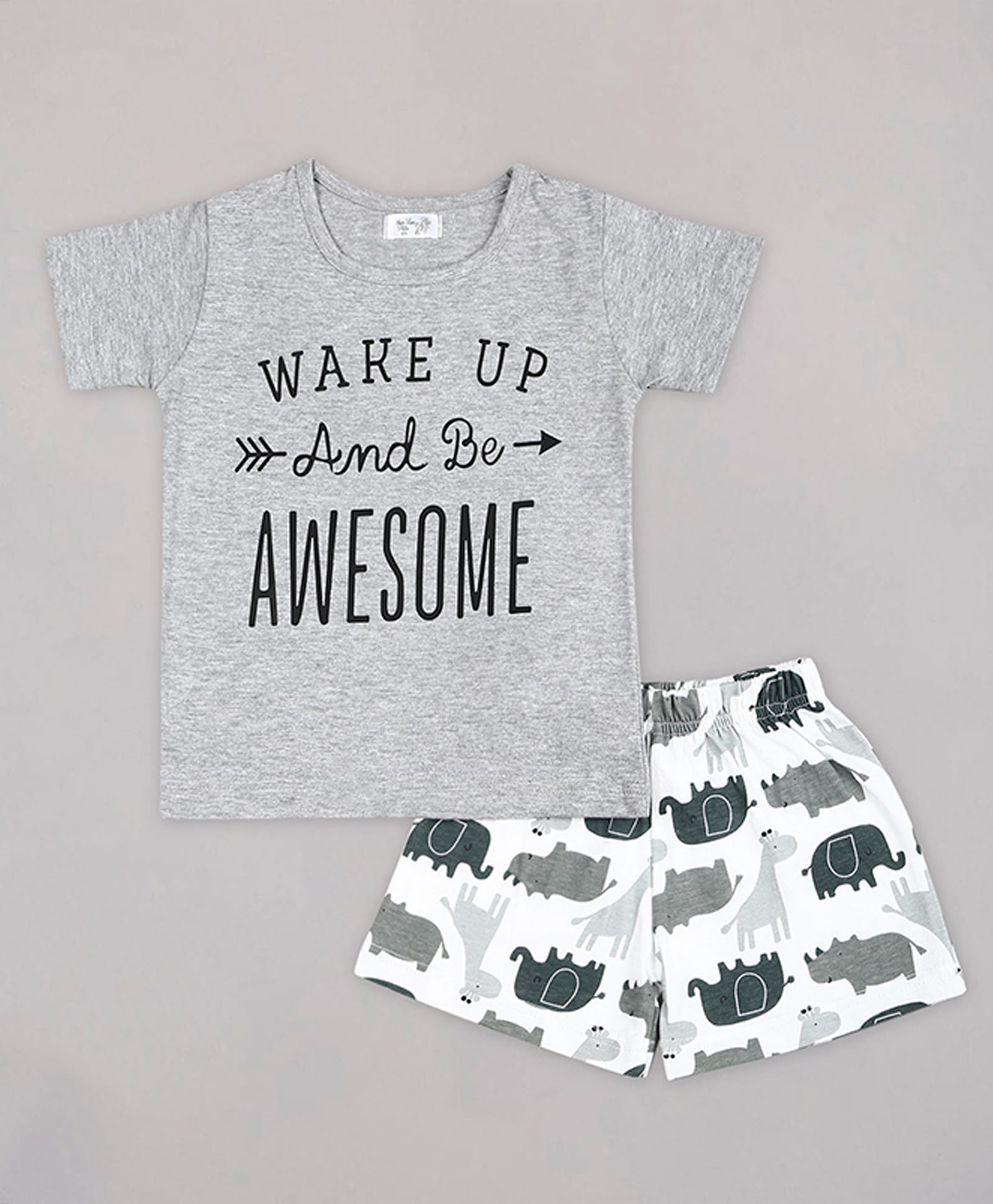 Sheer Love Cotton Jersey Knit Half Sleeves Wake Up & Be Awesome Text Printed Tee & Shorts Night Suit - Grey-image-23