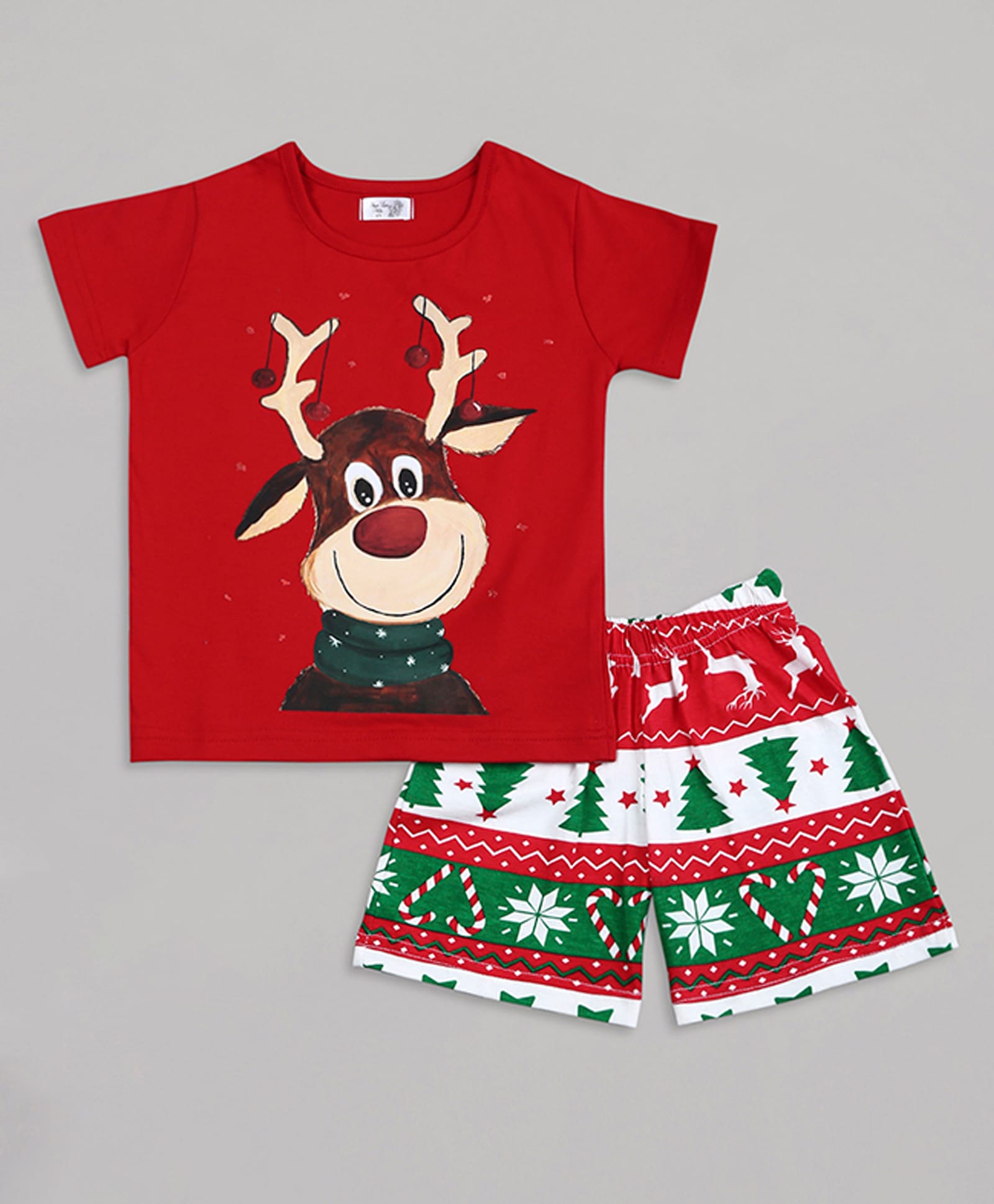 Sheer Love Cotton Jersey Knit Half Sleeves Reindeer Printed Tee & Shorts Night Suit - Red-image-48