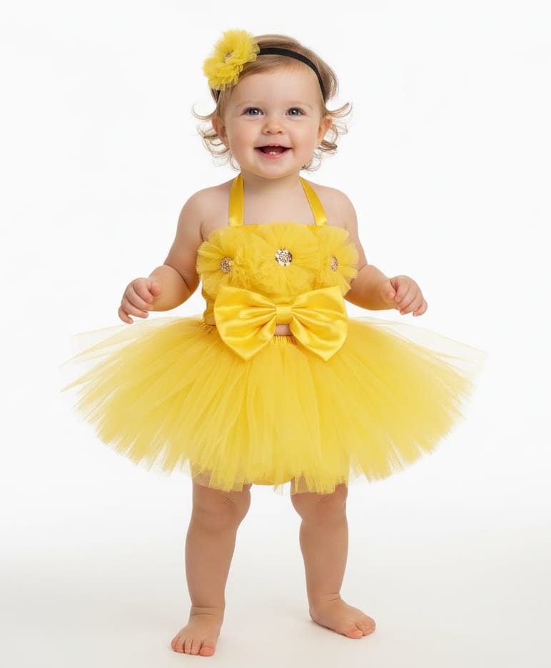 Tilism Net Knit Sleeveless Sequins & Thread Work Embellished Floral & Bow Applique Detailed Crop Top & Skirt Set - Yellow-picture-12
