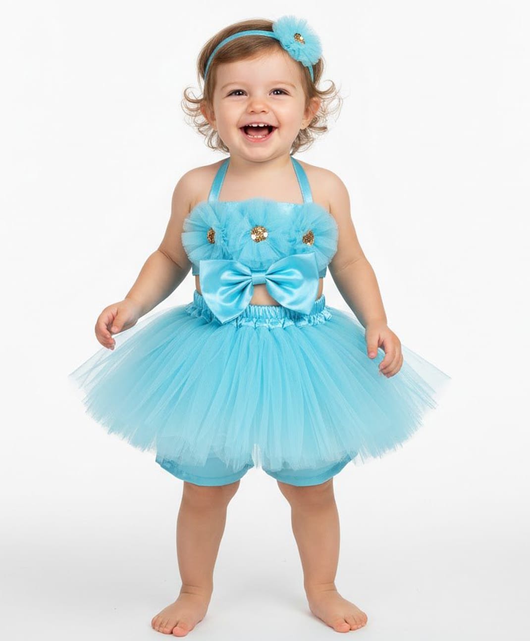 Tilism Net Knit Sleeveless Sequins & Thread Work Embellished Floral & Bow Applique Detailed Crop Top & Skirt Set - Sky Blue-picture-4