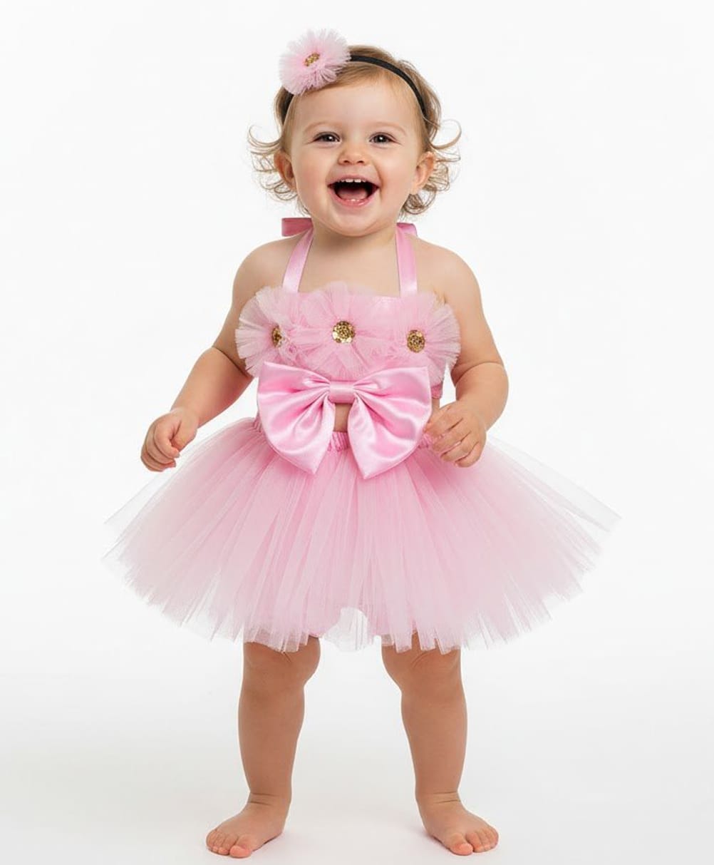 Tilism Net Knit Sleeveless Sequins & Thread Work Embellished Floral & Bow Applique Detailed Crop Top & Skirt Set - Pink-picture-23