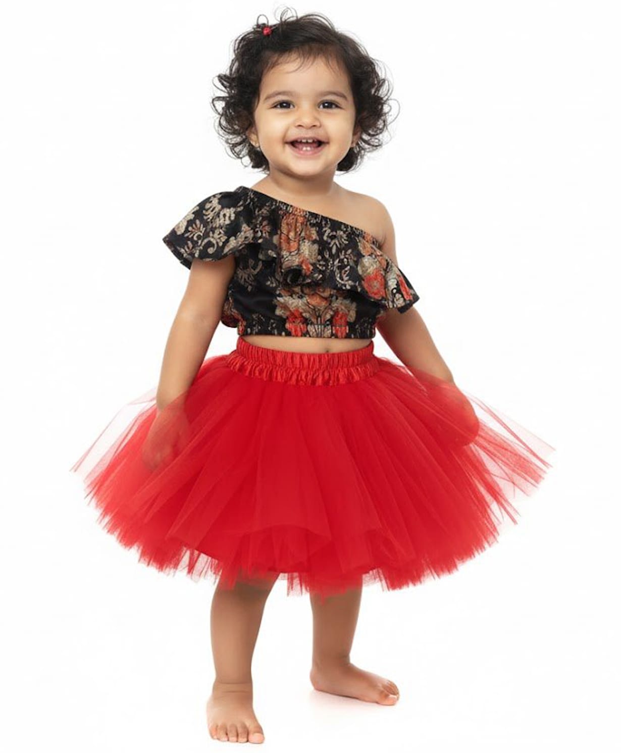 Tilism Net Knit One Shoulder Sleeveless Frill Detailed Floral Printed Top & Skirt Set - Red-image-43