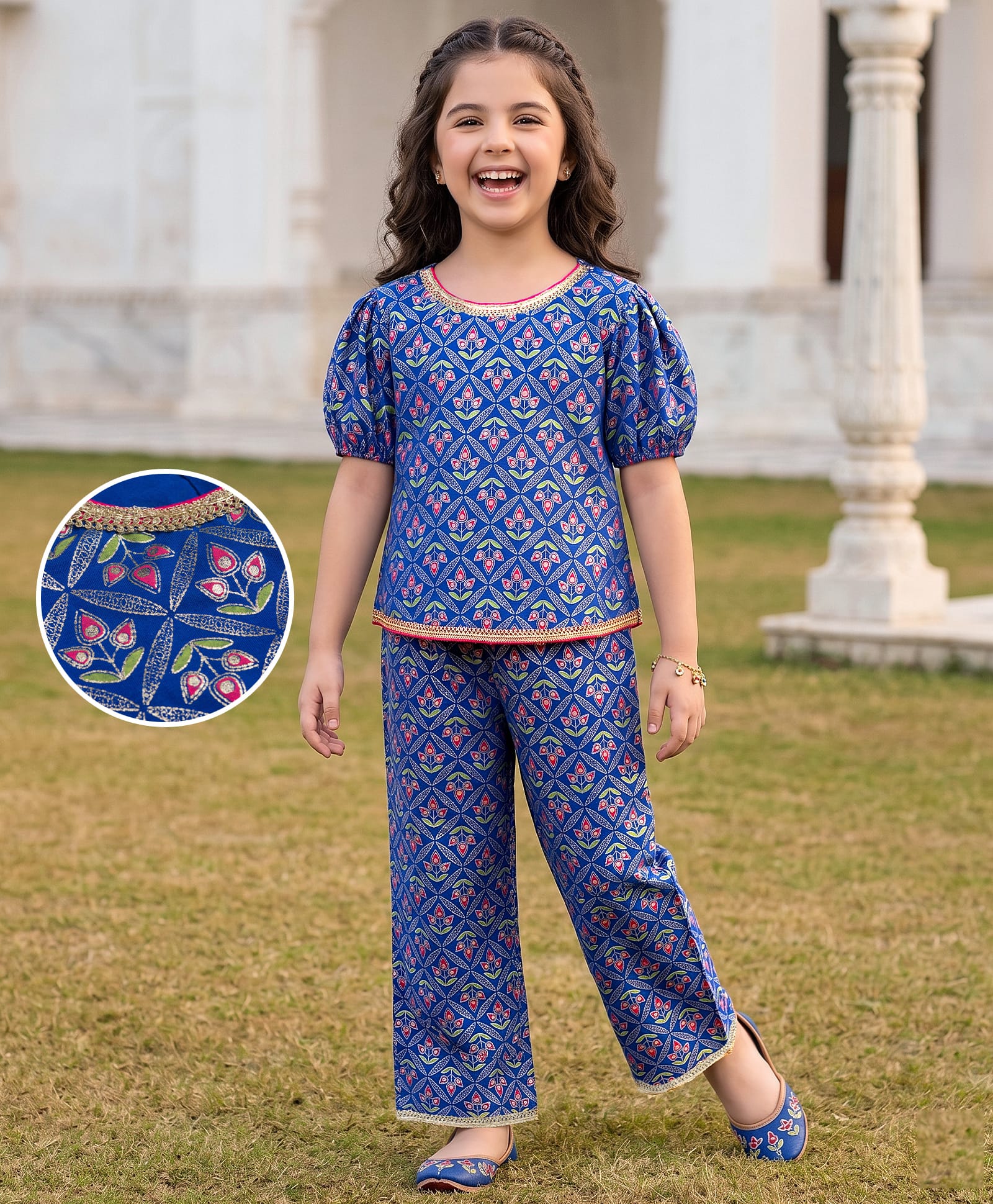 EARTHY TOUCH 100% Cotton Knit Half Sleeves Floral Foil Printed Co-Ords Top & Palazzo Set - Blue-picture-22