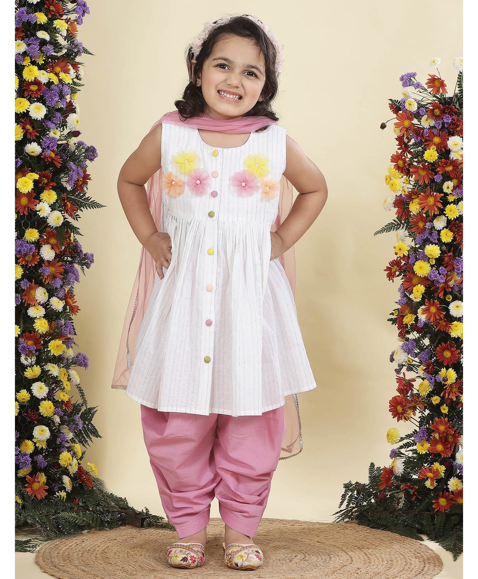 Little Bansi Cotton Woven Sleeveless Pearl Embellished Floral Applique Detailed & Katha Striped Kurti Salwar Set With Dupatta - White-picture-30