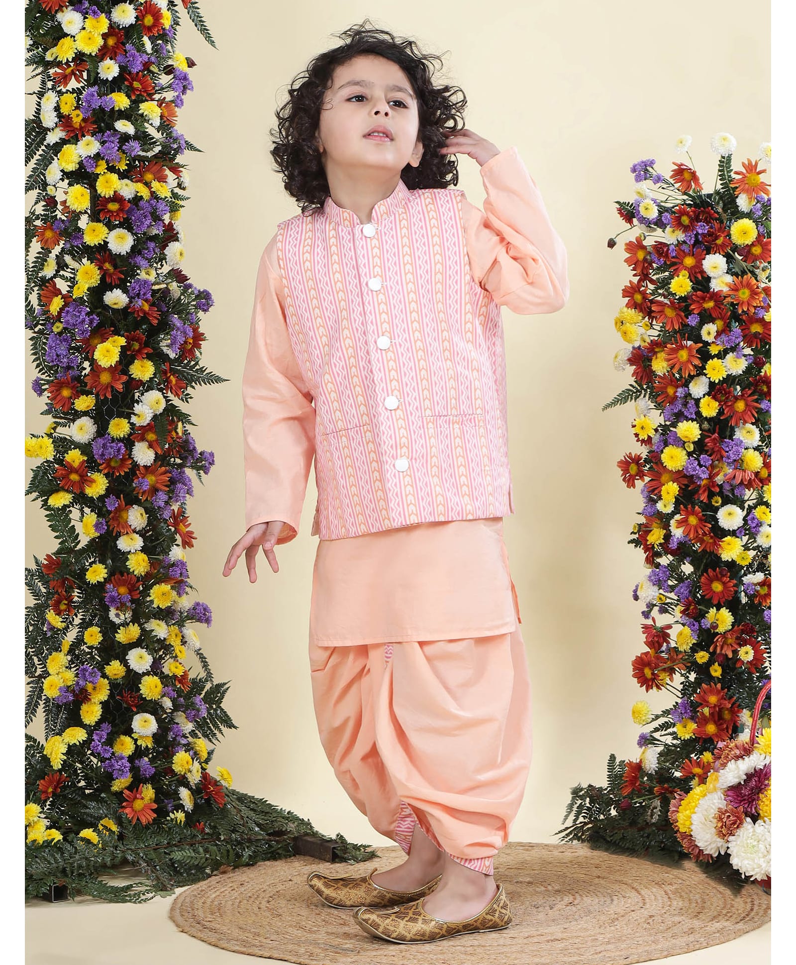 Little Bansi Cotton Woven Full Sleeves Solid Dhoti Kurta Set With Ethnic Motifs Printed Nehru Jacket - Peach-picture-18