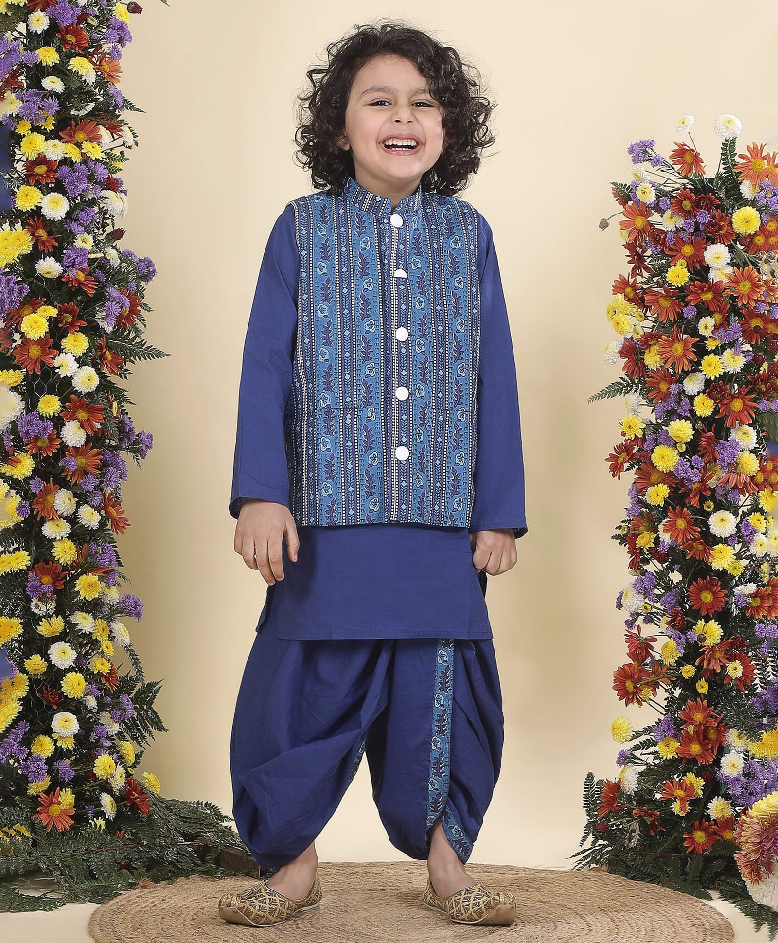 Little Bansi Cotton Woven Full Sleeves Solid Dhoti Kurta Set With Floral Motifs Printed Nehru Jacket - Blue-picture-19