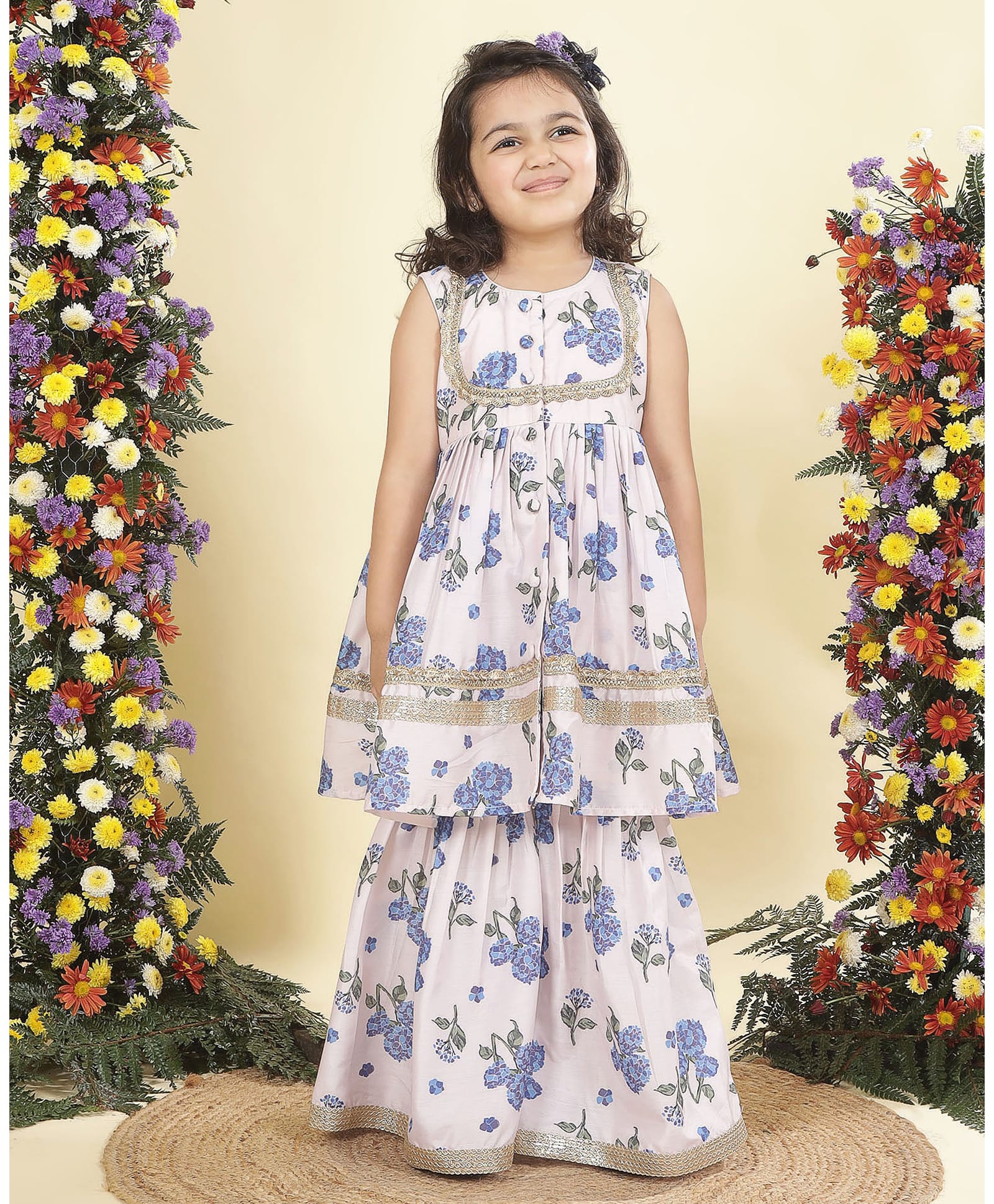 Little Bansi Muslin Woven Sleeveless Lace Embellished & Hydrangea Printed Kurti Sharara Set - Light Pink-picture-26
