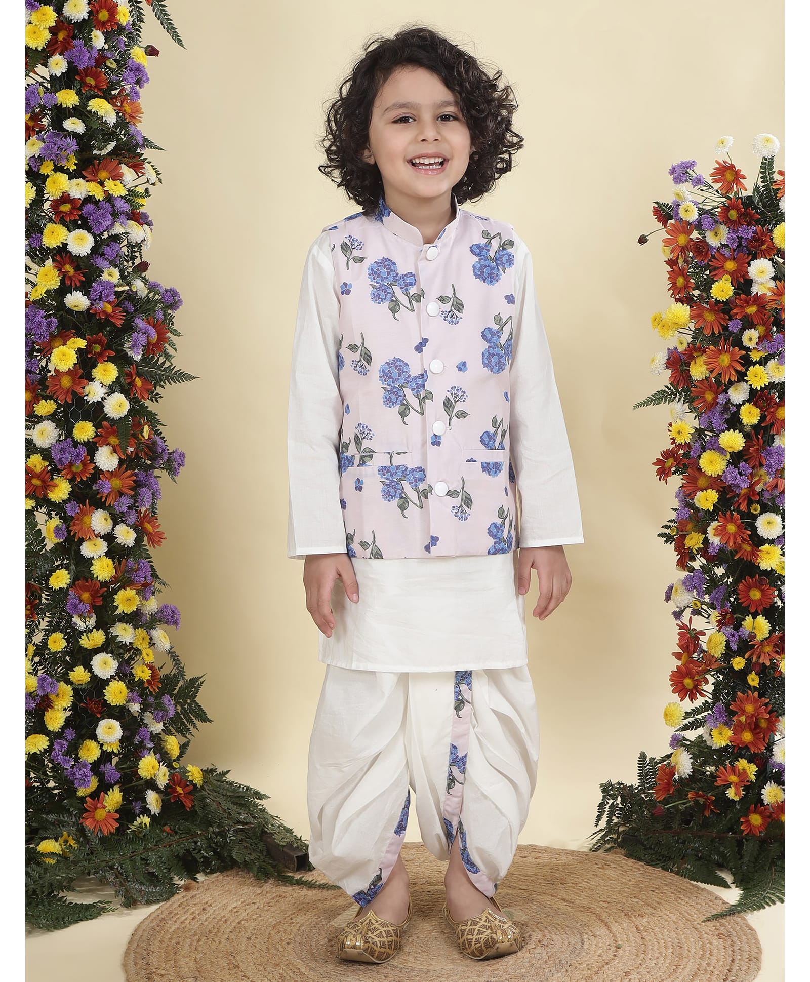 Little Bansi Cotton Woven Full Sleeves Solid Dhoti Kurta Set With Hydrangea Printed Nehru Jacket - Light Pink-image-32