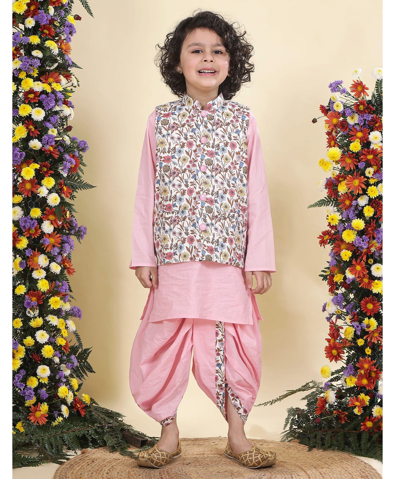 Little Bansi Cotton Woven Full Sleeves Solid Dhoti Kurta Set With Floral Printed Nehru Jacket - Pink-picture-27