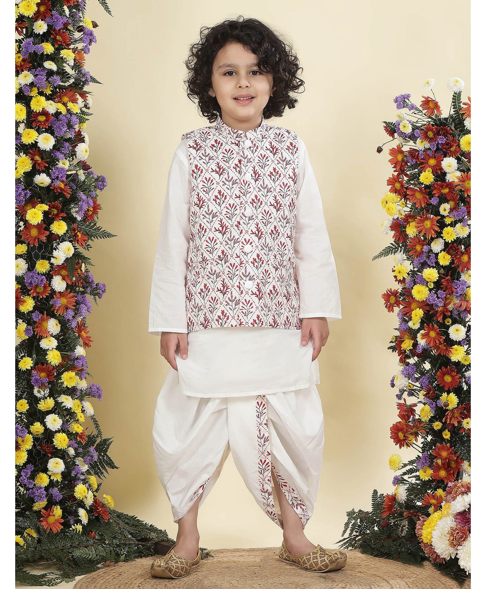 Little Bansi Cotton Woven Full Sleeves Solid Dhoti Kurta Set With Leaves Printed Nehru Jacket - Cream-picture-20
