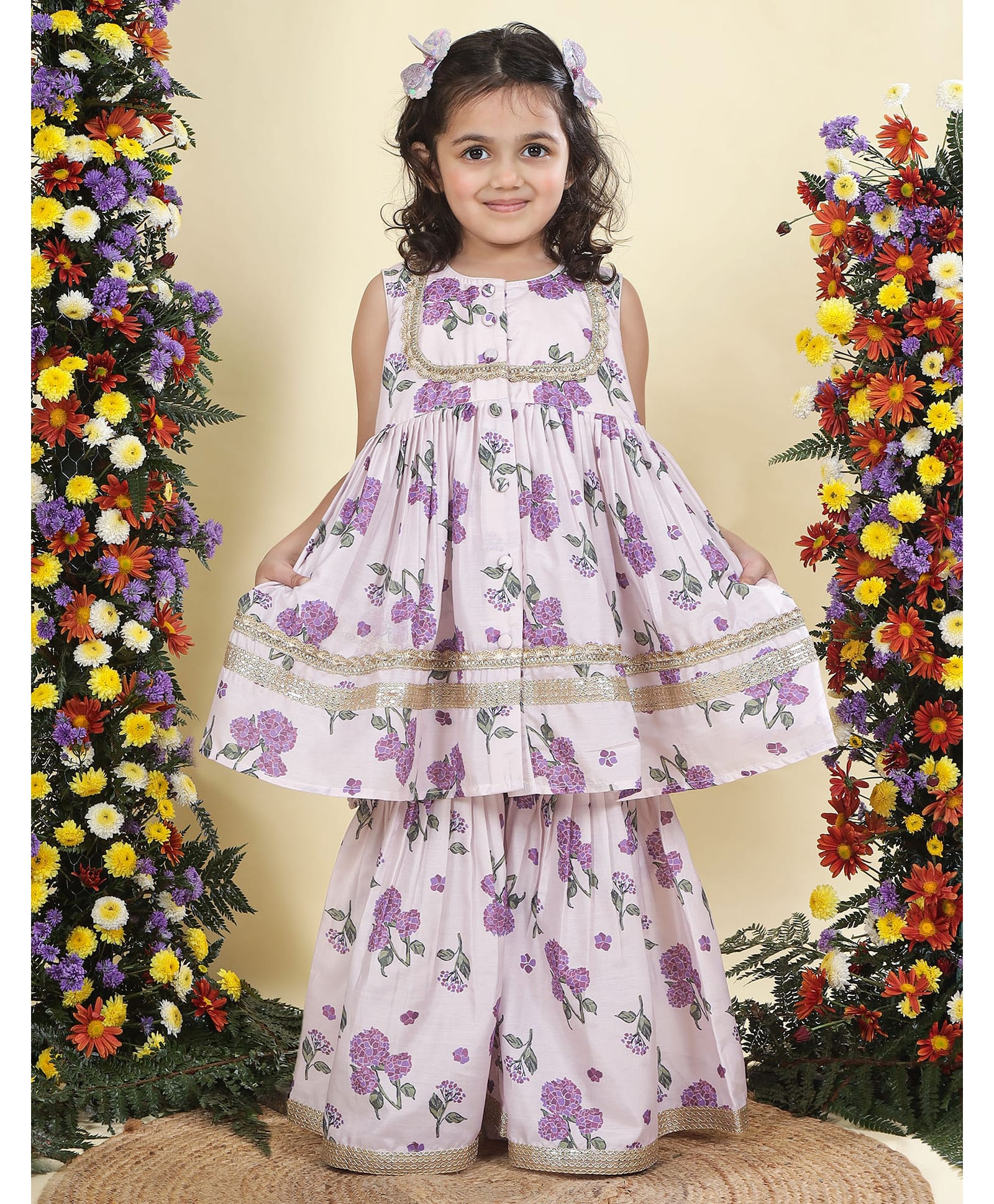 Little Bansi Muslin Woven Sleeveless Lace Embellished & Hydrangea Printed Kurti Sharara Set - Purple-picture-30