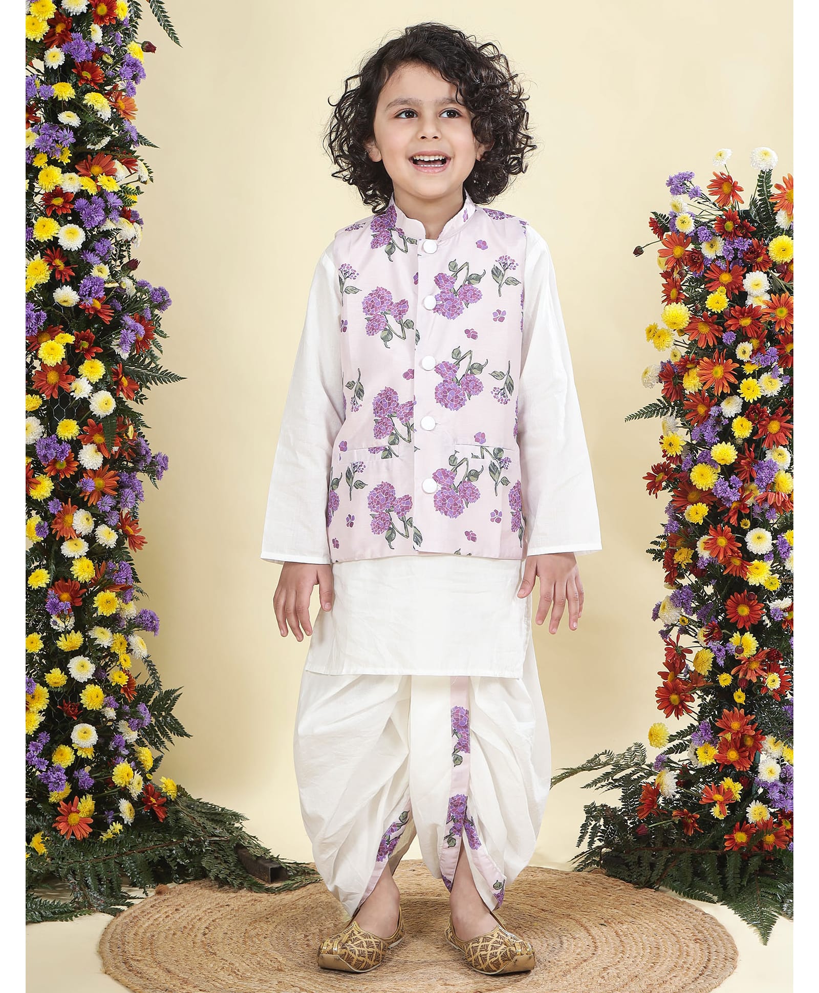 Little Bansi Muslin Woven Full Sleeves Solid Kurta & Dhoti With Floral Printed Jacket Set - Purple-picture-23