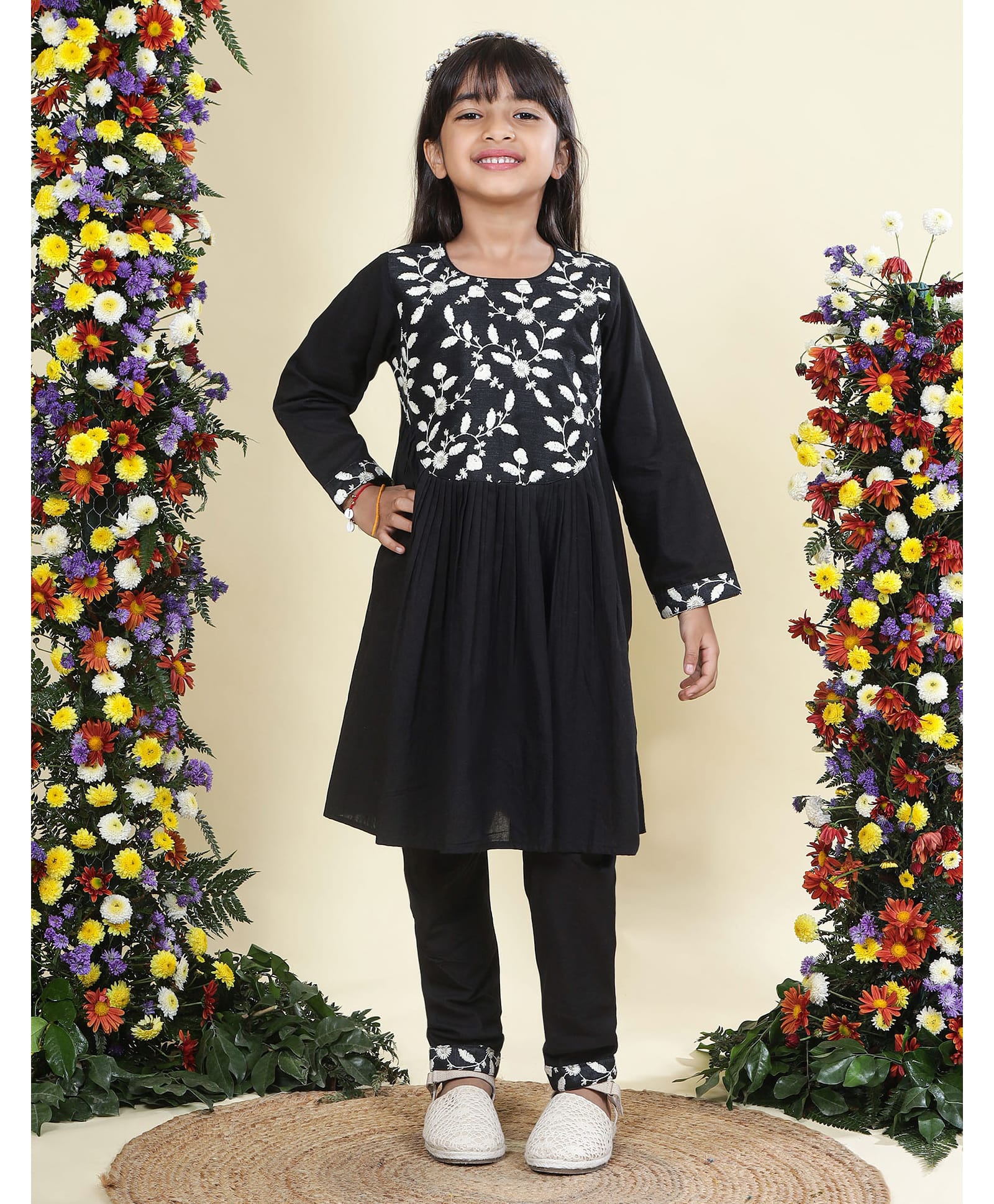 Little Bansi Cotton Woven Full Sleeves Floral Embroidered Kurti & Salwar Set - Black-image-1