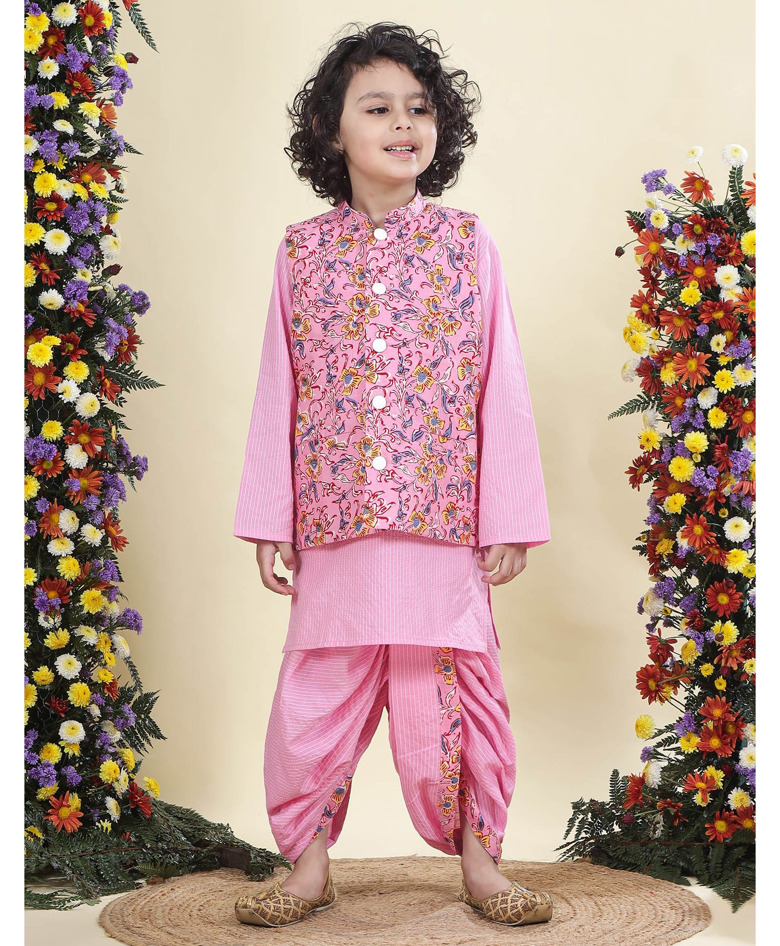 Little Bansi Cotton Woven Full Sleeves Striped Kurta & Dhoti With Floral Printed Jacket Set - Pink-picture-16