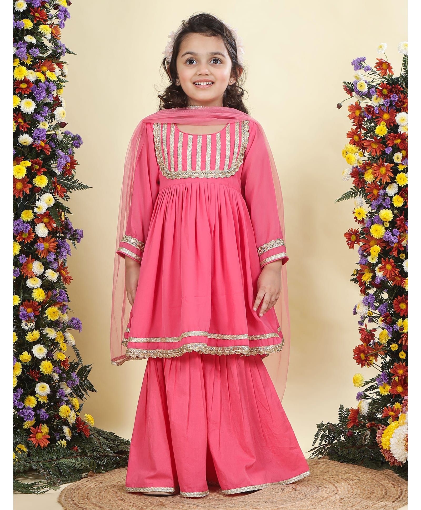 Little Bansi Georgette Woven Three Fourth Sleeves Lace Embellished Kurti & Sharara With Dupatta Set - Pink-picture-41