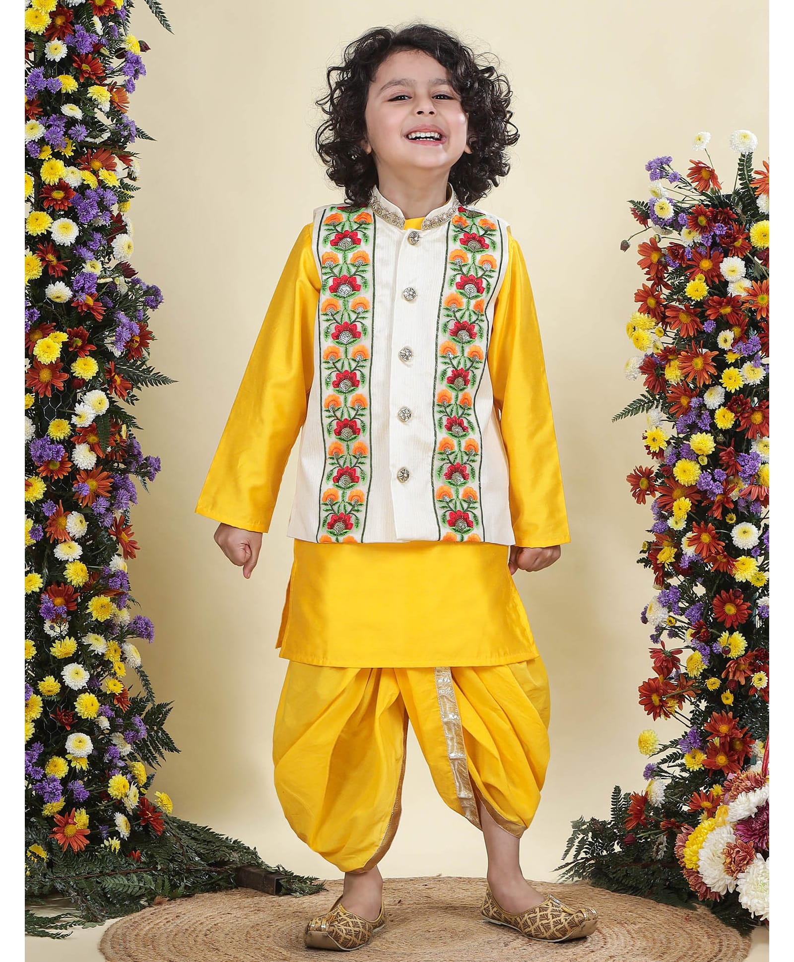 Little Bansi Silk Woven Full Sleeves Solid Kurta & Dhoti With Floral Embridered Jacket Set - Yellow-picture-6