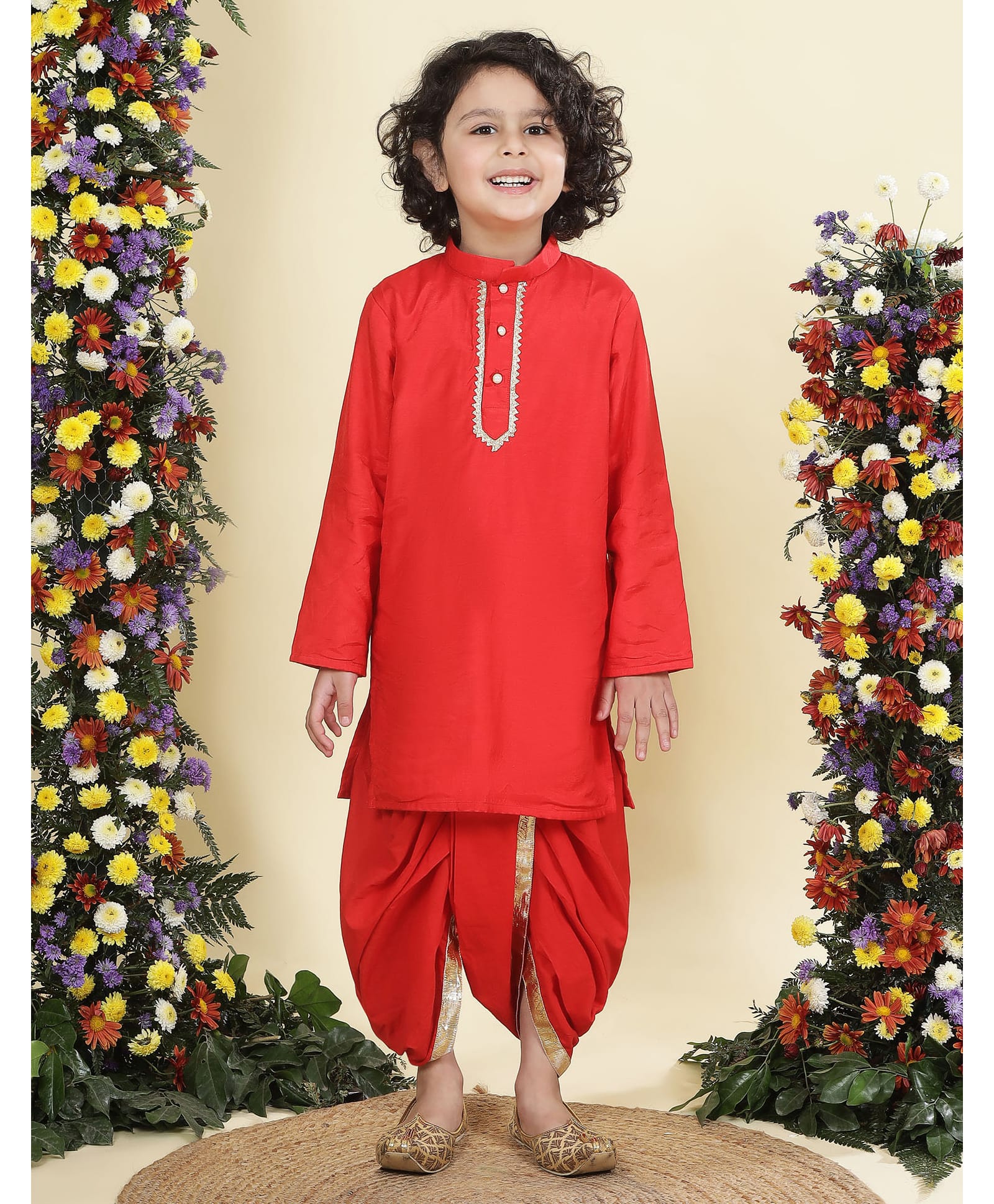 Little Bansi 100% Cotton Woven Full Sleeves Lace Embellished Kurta & Dhoti Set - Red-picture-35
