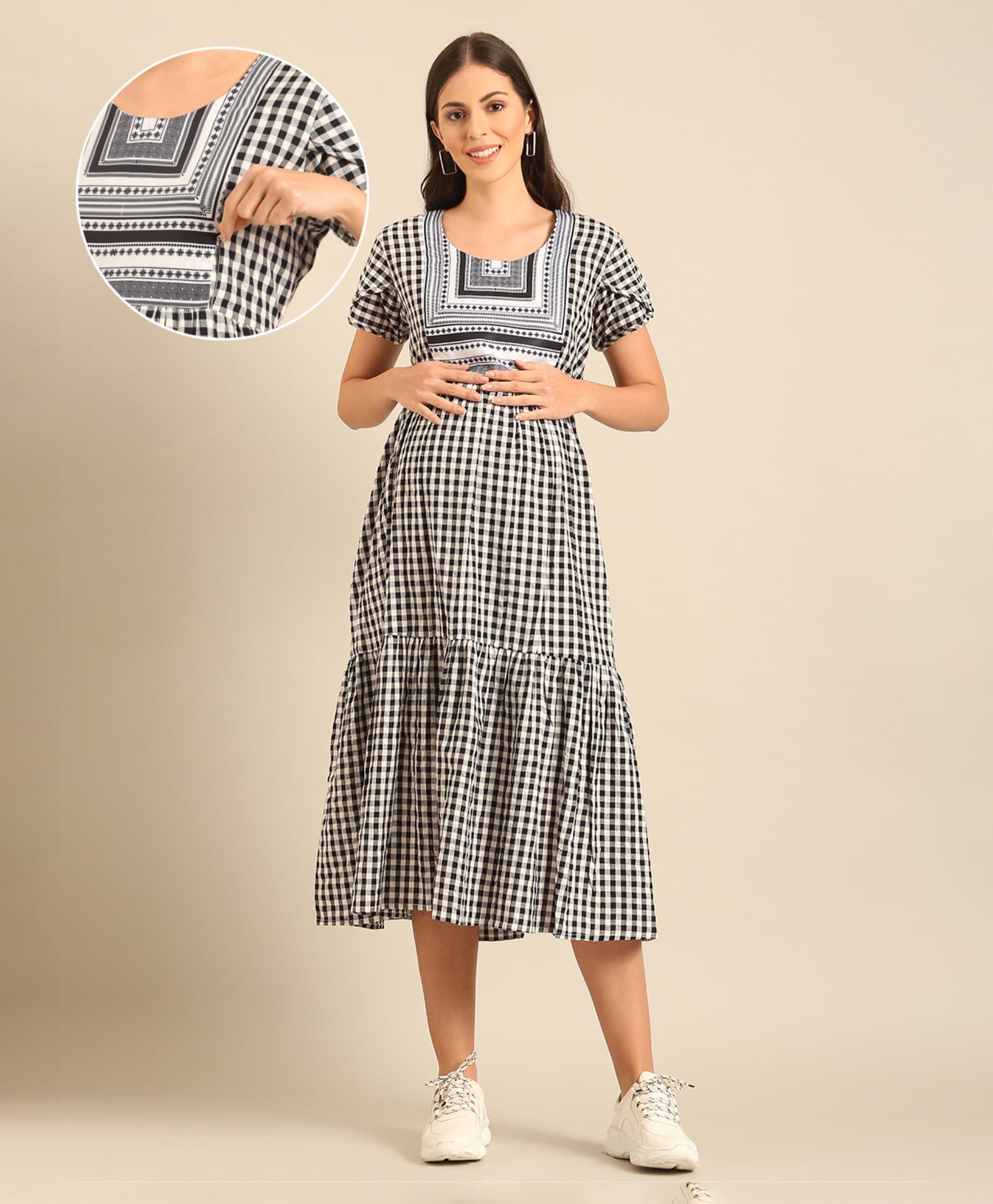 NIGHTSPREE Cotton Woven Half Sleeves Checked Maternity Dress With Side Zipper Nursing Access - Black-image-27