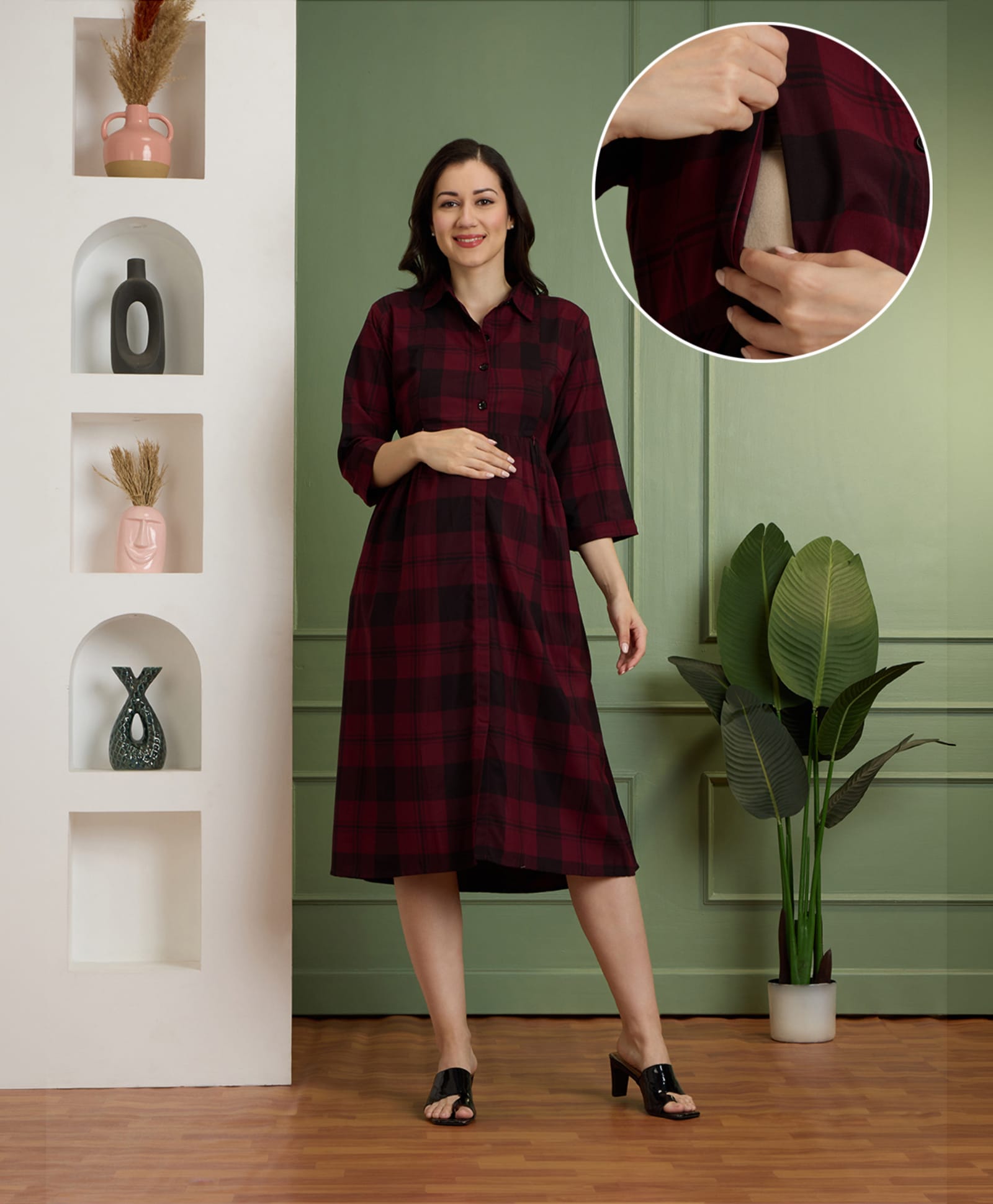 NIGHTSPREE Cotton Woven Three Fourth Sleeves Checked Maternity Dress With Side Zipper Nursing Access - Maroon-image-23