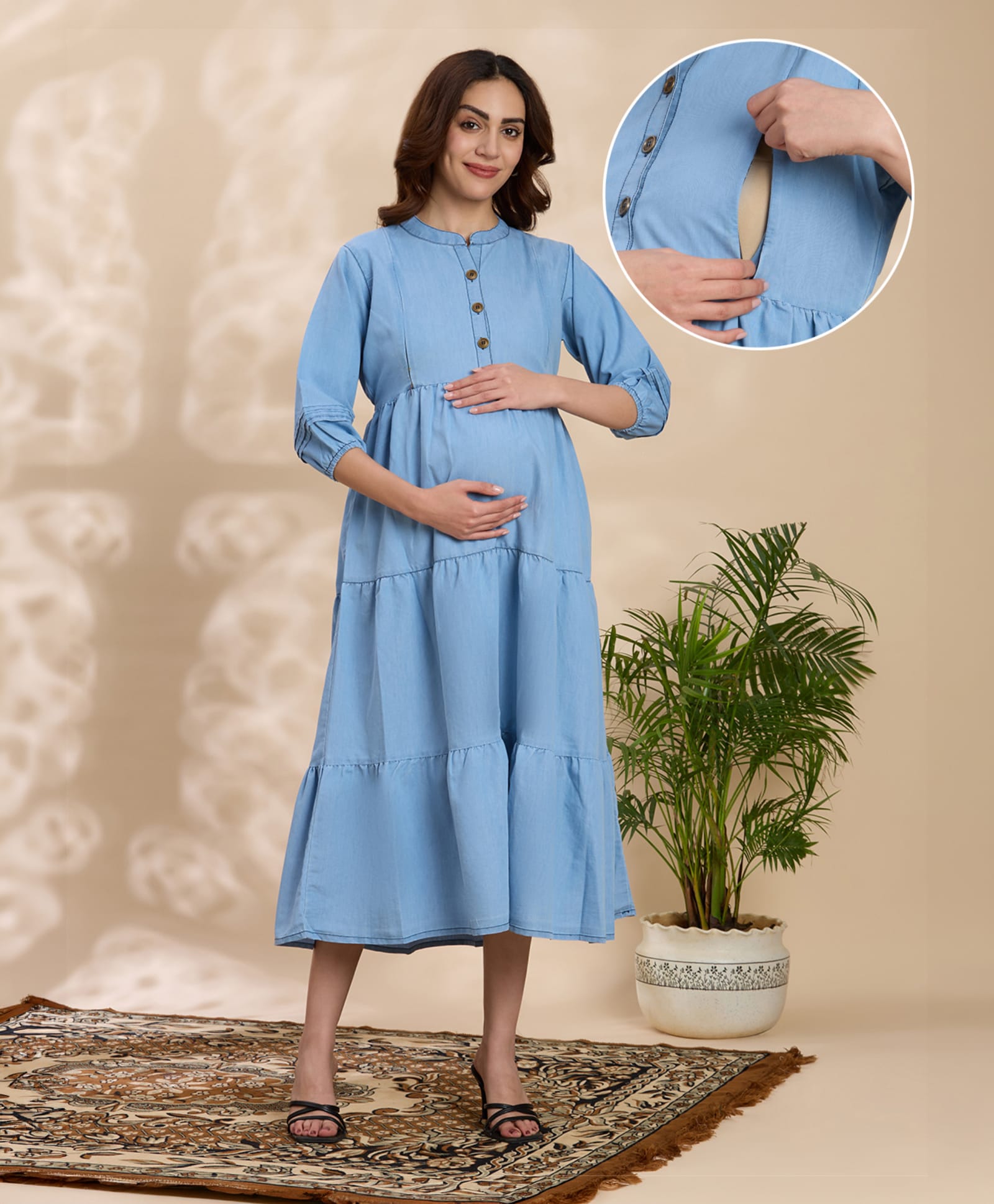 NIGHTSPREE Denim Woven Three Fourth Sleeves Solid Printed Maternity Dress With Side Zipper Nursing Access - Sky Blue-picture-49