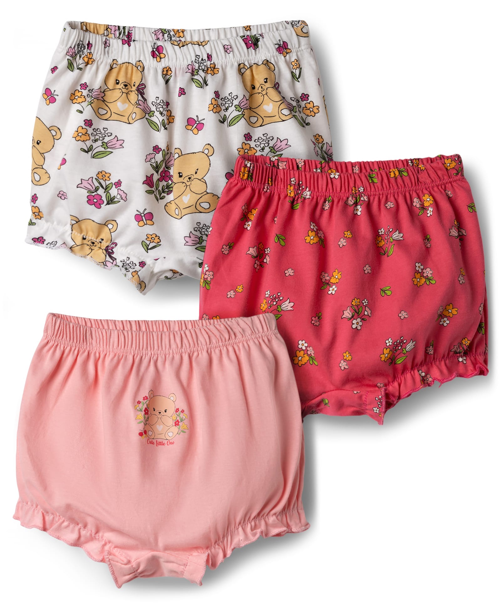 Babyhug Single Jersey Knit Bear & Floral Printed Blomers Pack of 3 - Pink Red & White-image-3