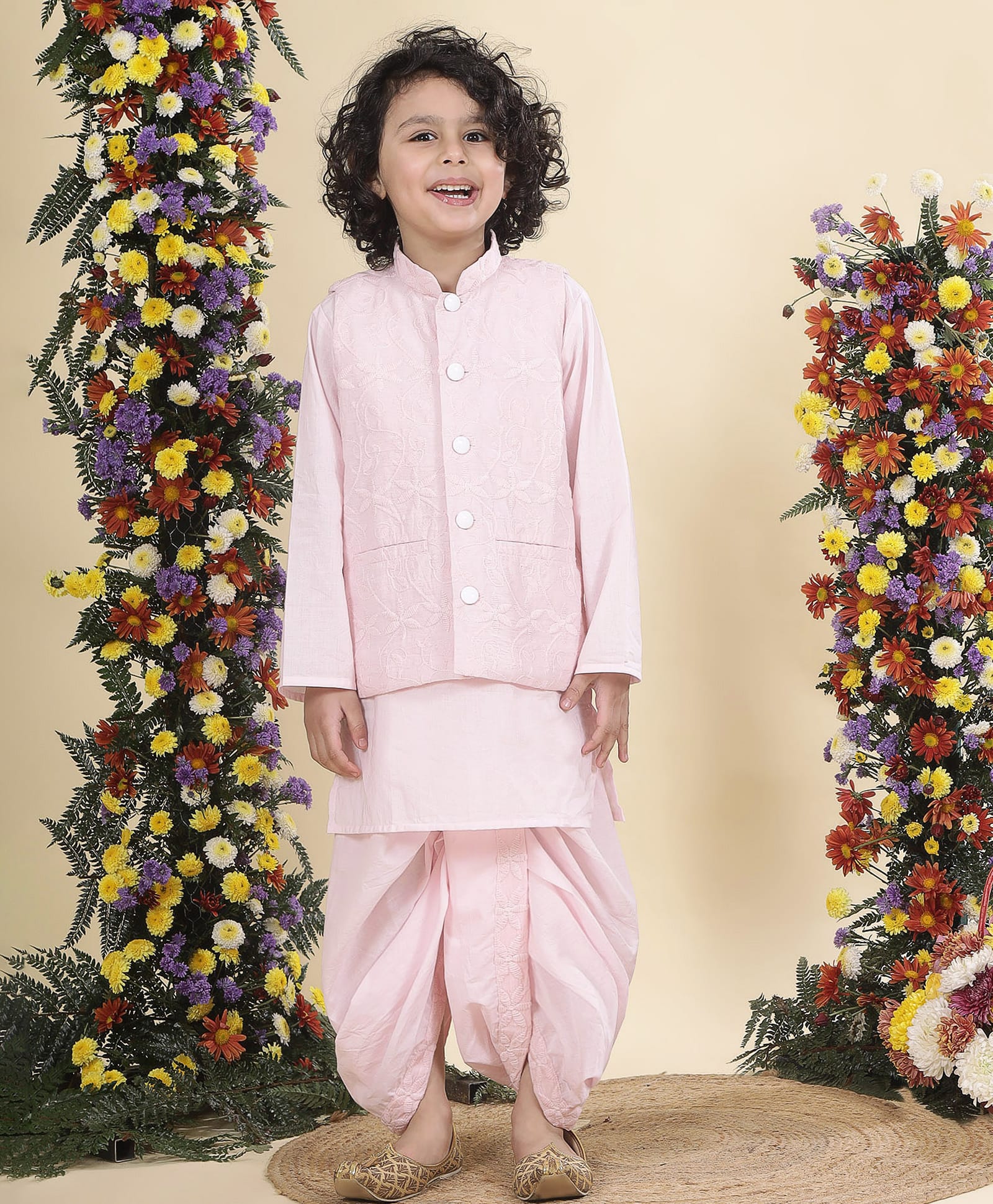 Little Bansi Cotton Woven Full Sleeves Solid Kurta & Dhoti With Floral Embroidered Jacket Set - Pink-picture-0