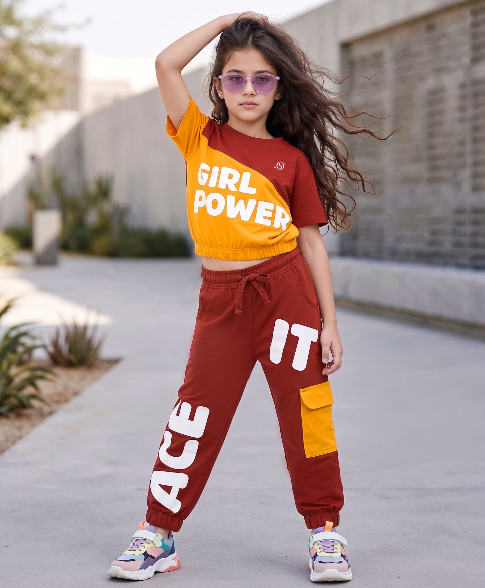 OLLINGTON ST. Set Of Cotton Knit Half Sleeve Cut N Sew Text Printed Top & Culottes- Multicolour & Rust-picture-28