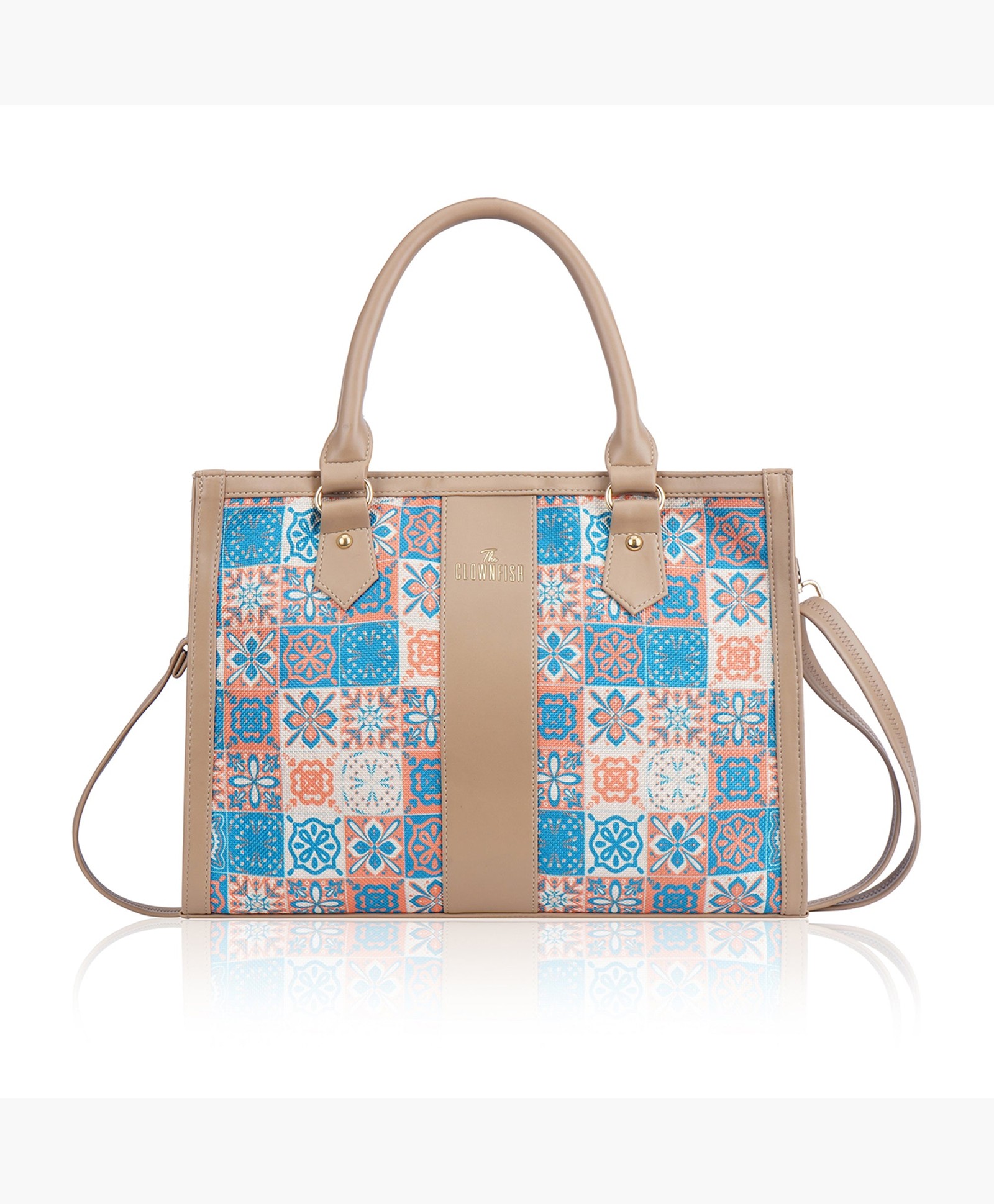THE CLOWNFISH Allure Series Tote Bags for Women | Printed Jute + Vegan Leather | Tote Bag for Office Use College | Inner Material - Polyester | 13L | Beige + Multicolor-image-11
