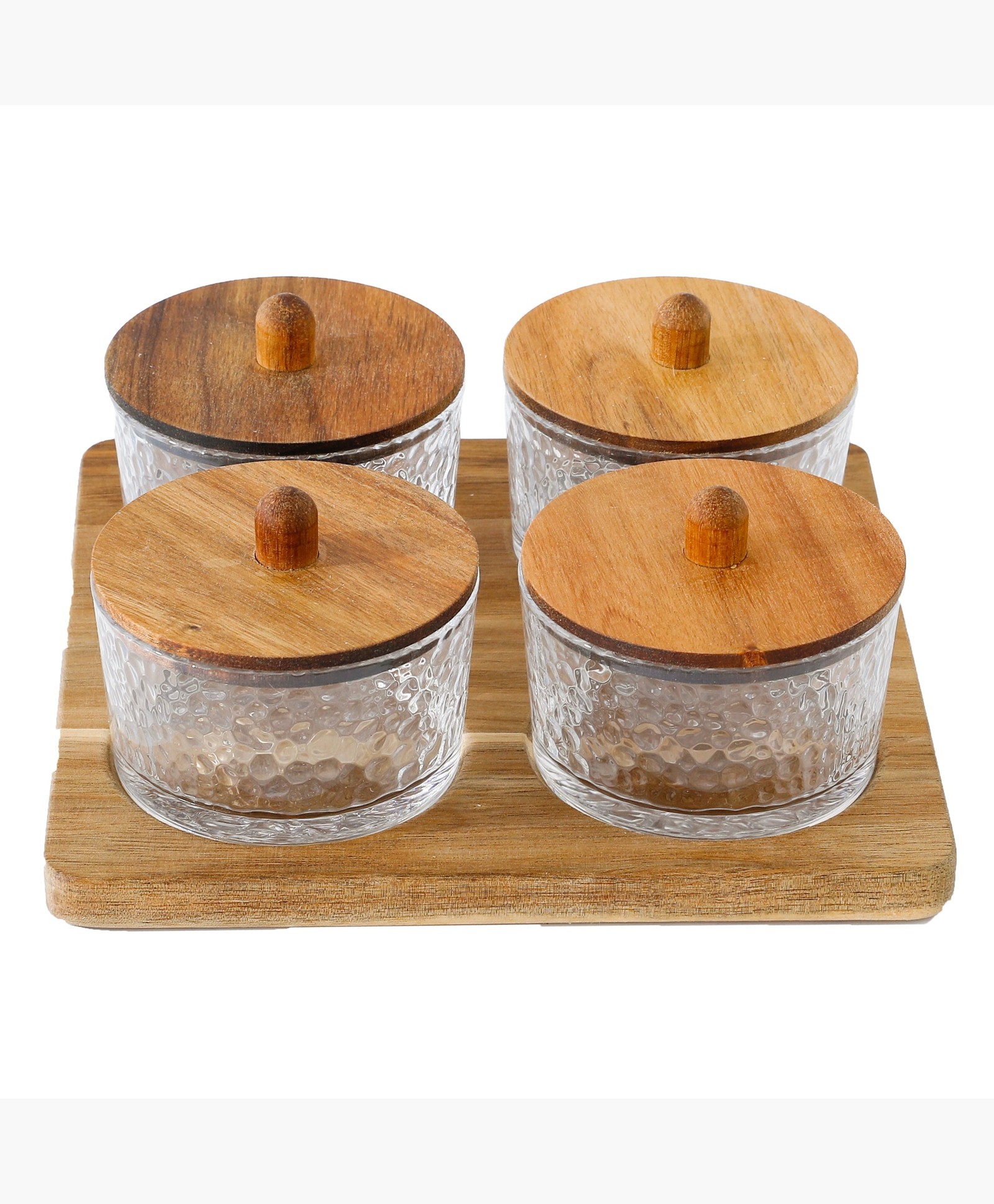 The Better Home Snack Platters Set with Wooden Tray, Spoon, and 3 Glass Jars (380ml Each) | Premium Soda Lime Glass Serving Bowls | Snack Serving Tray (Design 2)-image-4