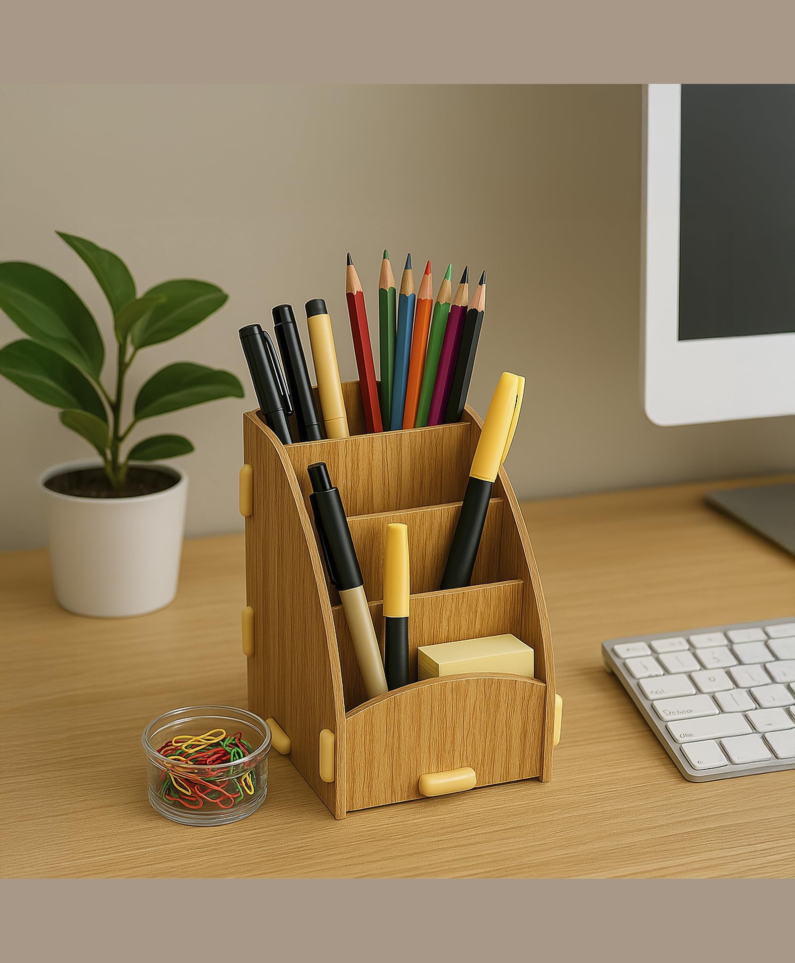 The Better Home 4 Compartment Pen Stand for Office | MDF Wood Rack | Aesthetic Stationery Stand for Office Table Accessories | 11.8x18.7x14.2cm | Burlywood | 1 Pack-image-22