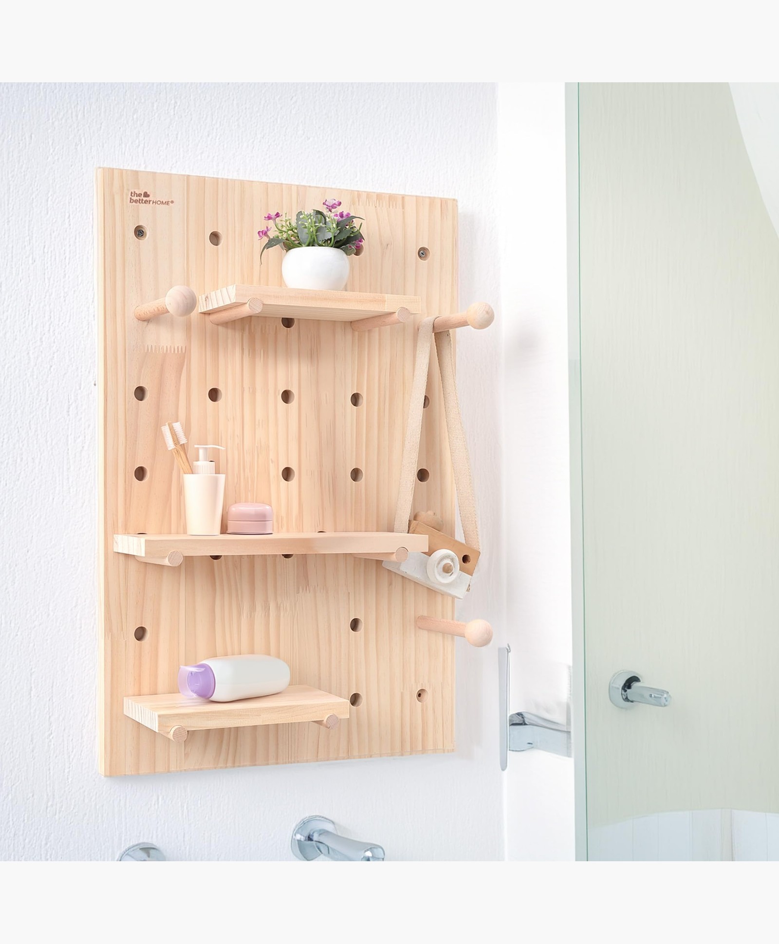 The Better Home Pinewood Pegboard Organizer(24X16Inch)|Wooden Shelf for Wall | Wall Shelf for Living Room, Office, Bedroom | Wall Hanging Shelf | Wooden Key Holder| Storage Organizer-image-3