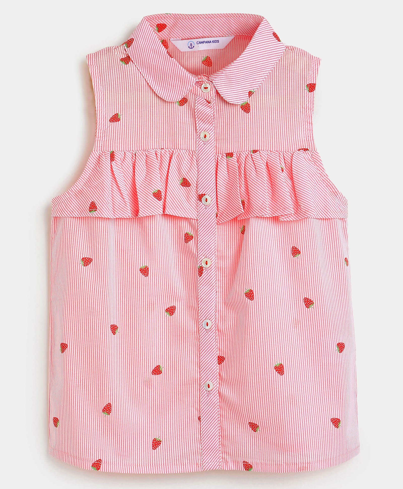 Campana Cotton Woven Sleeveless Striped & Strawberry Printed Shirt Style Top - Light Pink-image-21