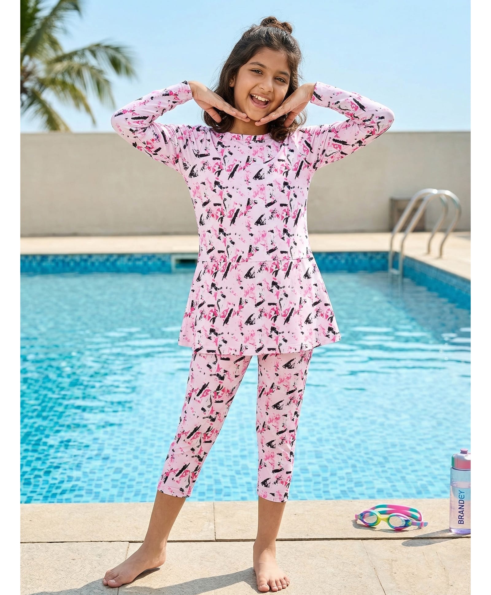 Kaboosh Full Sleeves Abstract Printed 2 Piece Swimsuit - Pink & Black-picture-30