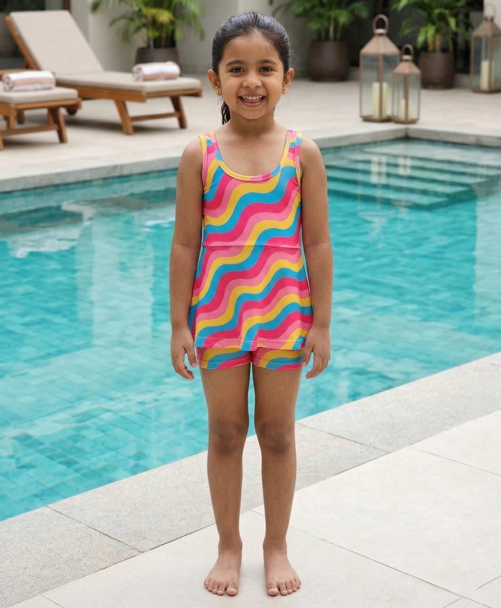 Kaboosh Sleeveless Wavy Stripes Printed Frock Swimsuit - Multi Colour-picture-43
